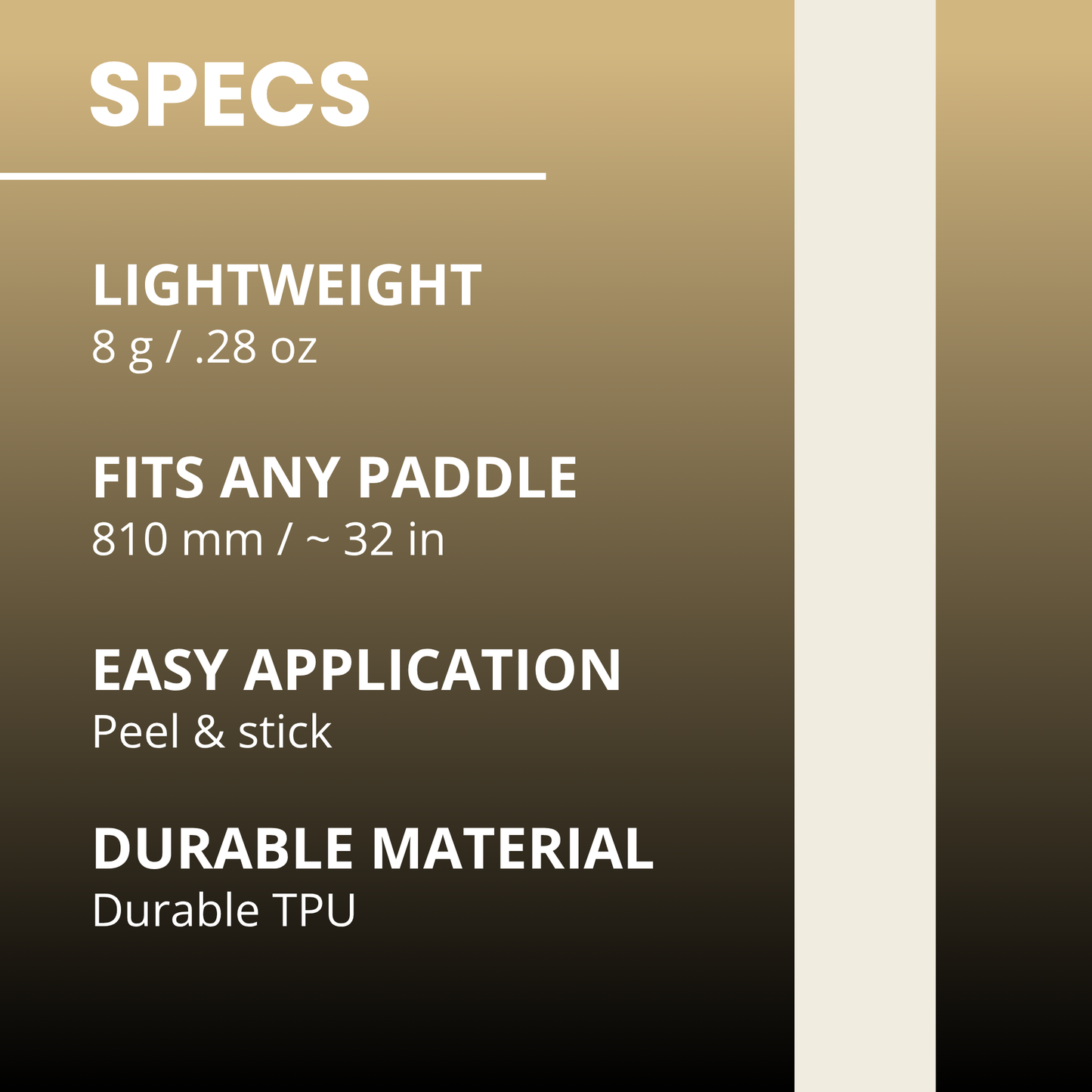 A beige and black gradient graphic titled "SPECS" highlights features of Edgy Pickleball’s Retro White Edge Tape (3 pack): lightweight (8g/.28oz), fits any paddle (810mm/~32in), easy to apply, and made of durable TPU, with white divider lines.
