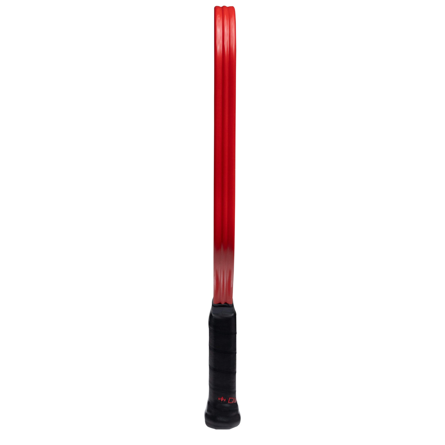 The Diadem Sports Warrior Edge pickleball paddle is shown from the side, revealing its slim red frame and black handle. The paddle face and strings are hidden due to the angle. The background is solid white.