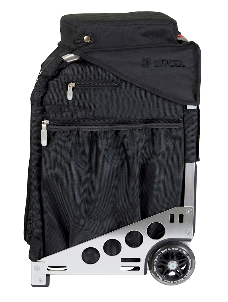 A black ZUCA Sport rolling bag with a metal frame, mesh side pockets, zippered compartments, large wheels, top handle, shoulder strap, and ZUCA logo—compatible with the ZUCA Pro/Sport Padded Seat Cushion.