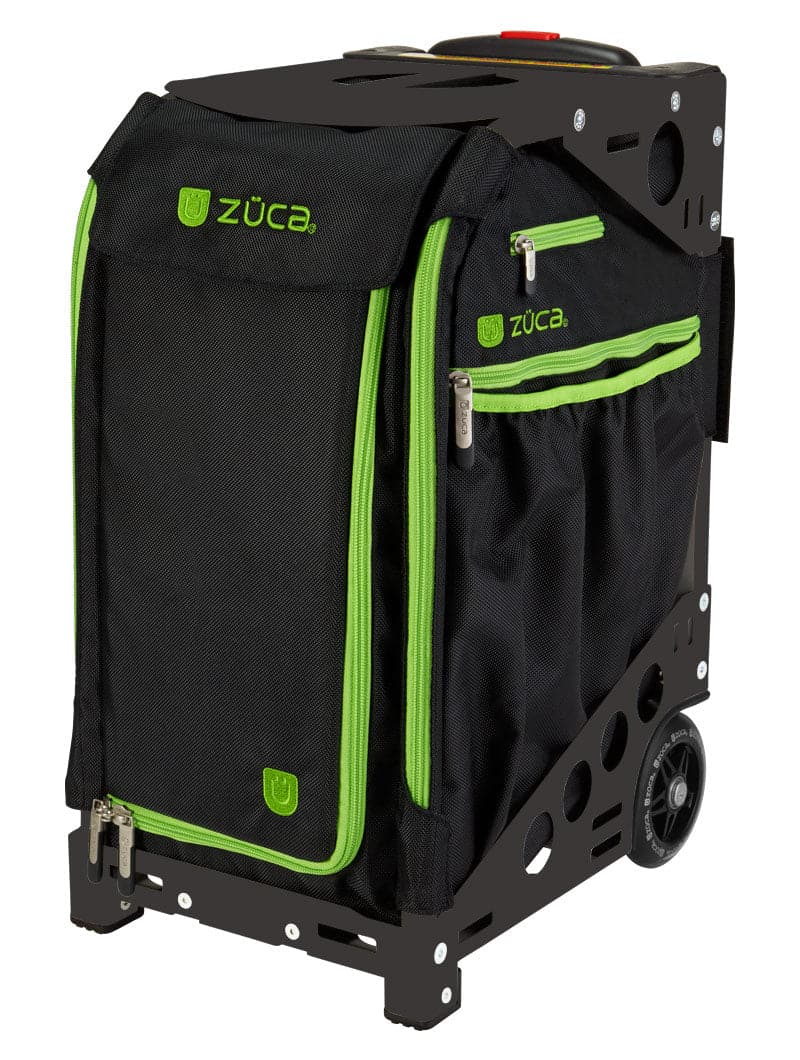 The ZUCA Pickleball Pro Black/Green bag features bright green zippers and logo, a sturdy metal frame, large front zip compartment, side mesh pocket, top handle, and two wheels for easy transport of your pickleball gear.