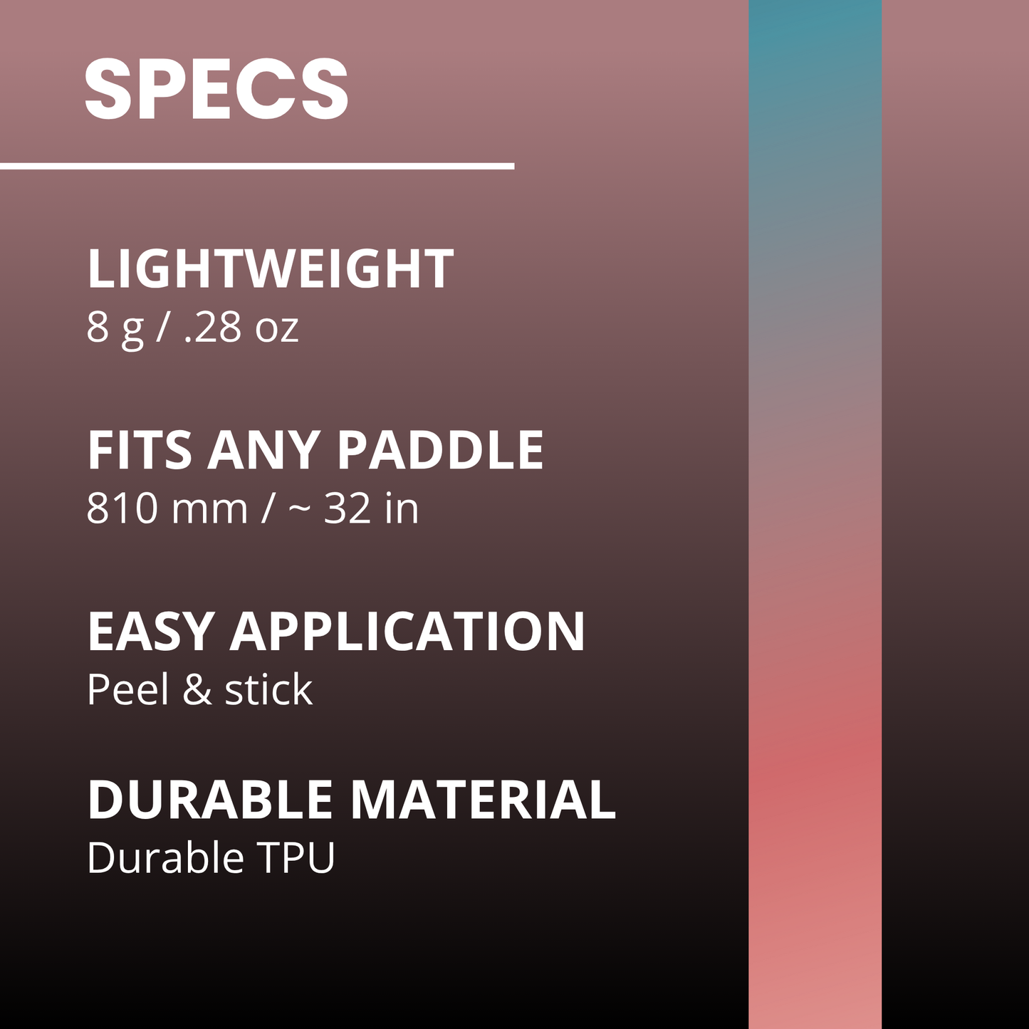 A specs sheet with a pink-to-black gradient background lists features of Edgy Pickleball Gradient Edge Tape (3 pack): LIGHTWEIGHT 8g/.28oz, FITS ANY PADDLE 810mm/32in, EASY PEEL & STICK, DURABLE TPU. Vertical color bar on right.
