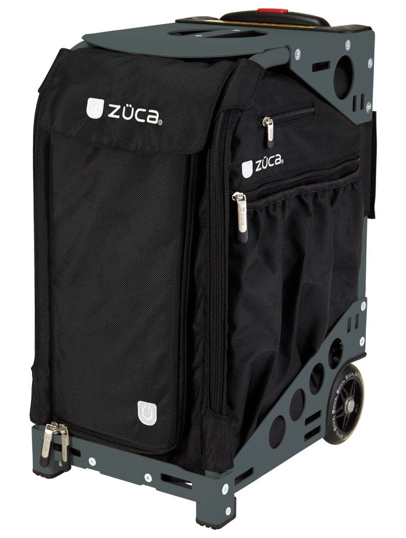 The ZUCA Pickleball Pro Black/Black rolling bag features a sturdy grey frame with circular cutouts, two large wheels, zippered compartments, mesh side pocket, and white ZUCA logos—perfect for stylish pickleball gear storage.