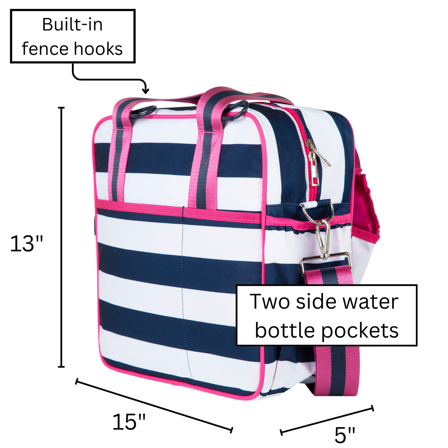 The Queen of the Court Prepster Pickleball Bag is a navy and white striped tote with pink accents, side pockets for accessories or bottles, fence hooks, and measures 13" x 15" x 5"—a stylish bag for pickleball enthusiasts.