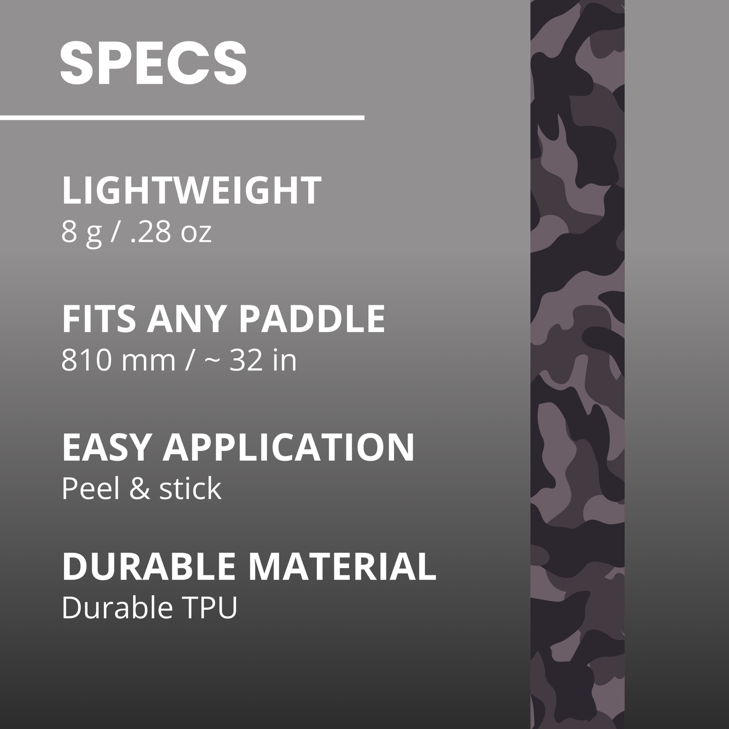 Edgy Pickleball’s Blackout Camo Edge Tape (3 pack) is lightweight (8g/.28oz), fits all 810mm/32in paddles, peels & sticks easily, and is made from durable TPU. A vertical strip of purple camo tape is shown on the right.