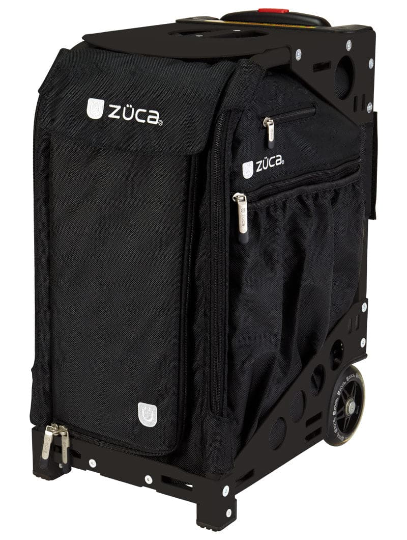 The ZUCA Pickleball Pro Black/Black rolling bag has a sturdy frame, two large wheels, multiple zippered compartments, and a front panel with the ZUCA logo—ideal for durable, portable pickleball gear storage on the go.
