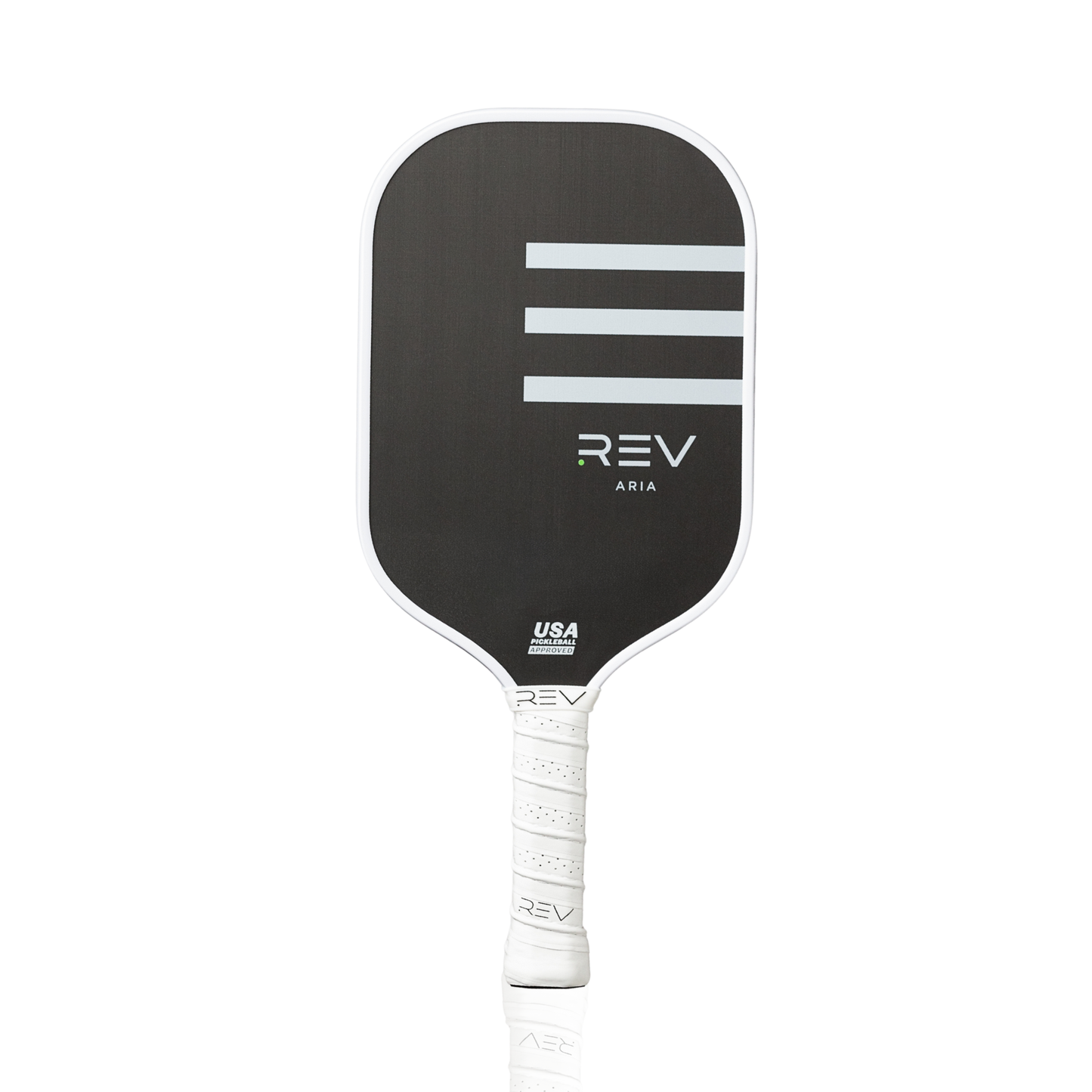 The ARIA Pickleball Paddle by REV Pickleball features a black elongated T700 carbon fiber design with three white stripes near the top, “REV” and “ARIA” below them, a textured white handle grip, and is USA Pickleball Approved. Weight: 8.0 oz.