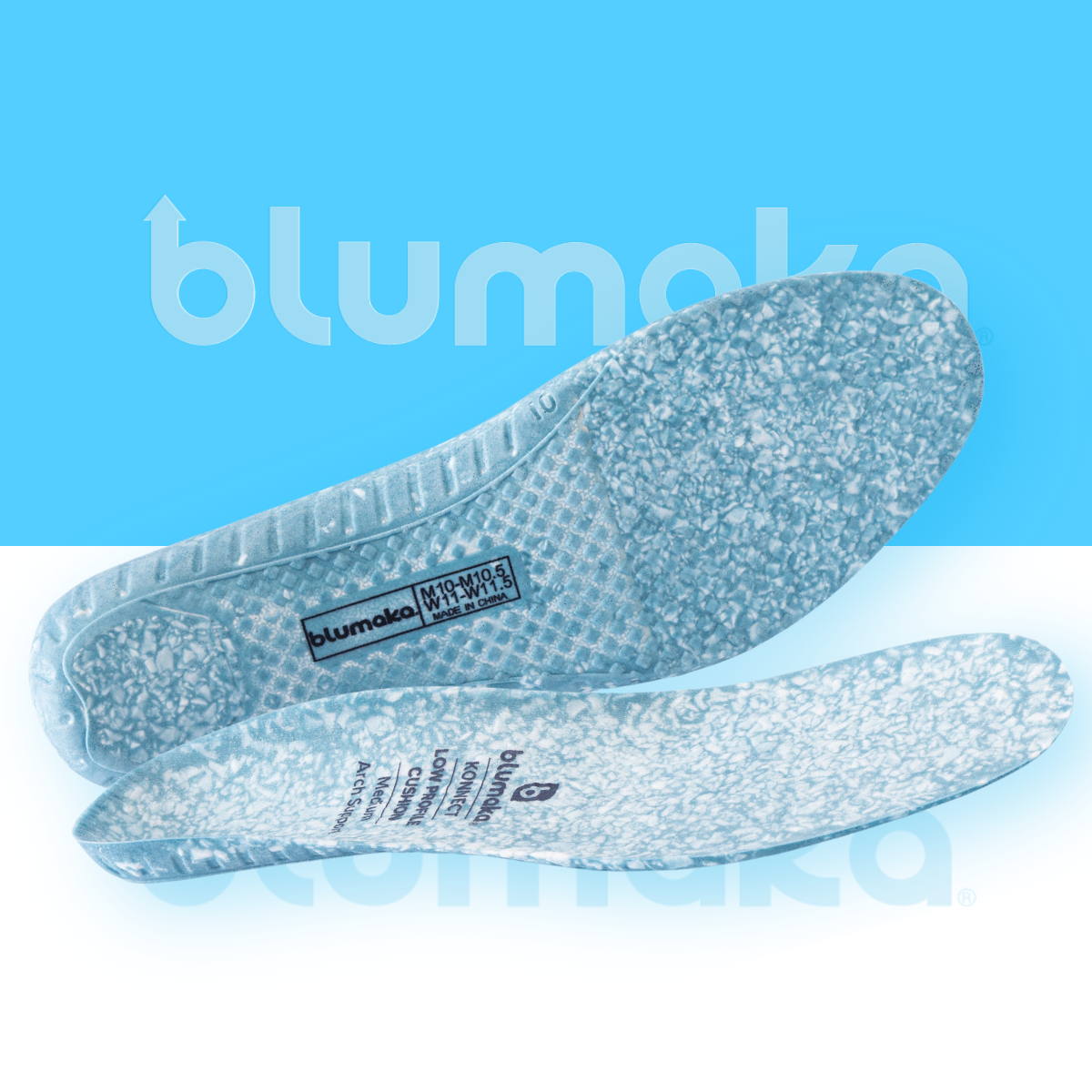 Two light blue marbled NonSlip ‘FoamLock’ Performance Insoles by Blumaka are shown on a split blue-and-white background, with the brand name, sizing, care info, and Foamlock technology for comfort printed on the visible insole.