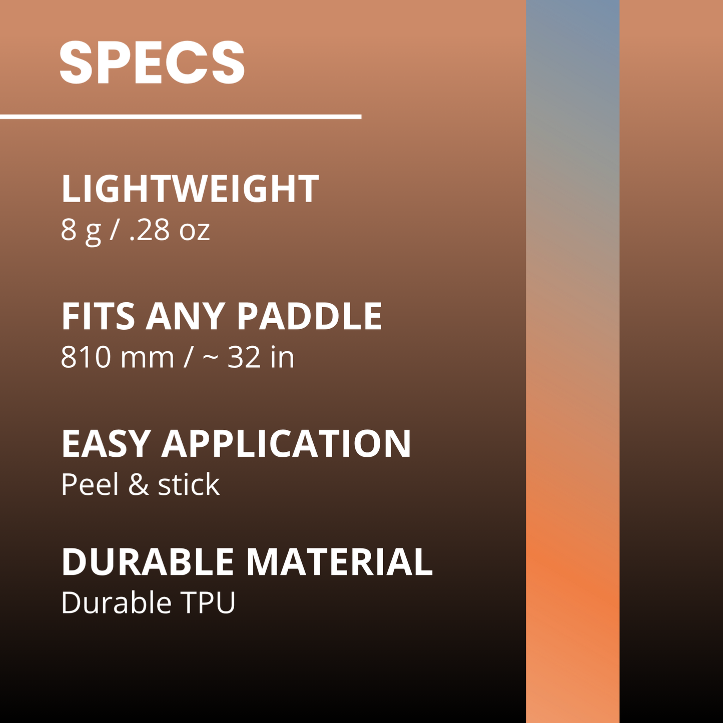 A gradient specs chart showcases Edgy Pickleball’s Gradient Edge Tape (3 pack): lightweight (8g/.28 oz), fits any paddle (810mm/~32 in), easy peel & stick, durable TPU. “SPECS” is bold up top with a vertical color bar on the right.