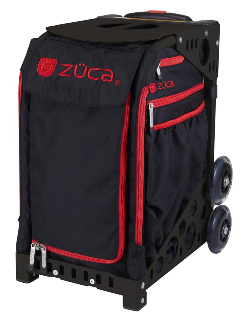 The ZUCA Pickleball Sport Black/Red bag features a sturdy frame, front logo, red zippers, multiple pockets, two sets of wheels, and a handle slot on top—perfect for easy transport and organizing your pickleball gear.