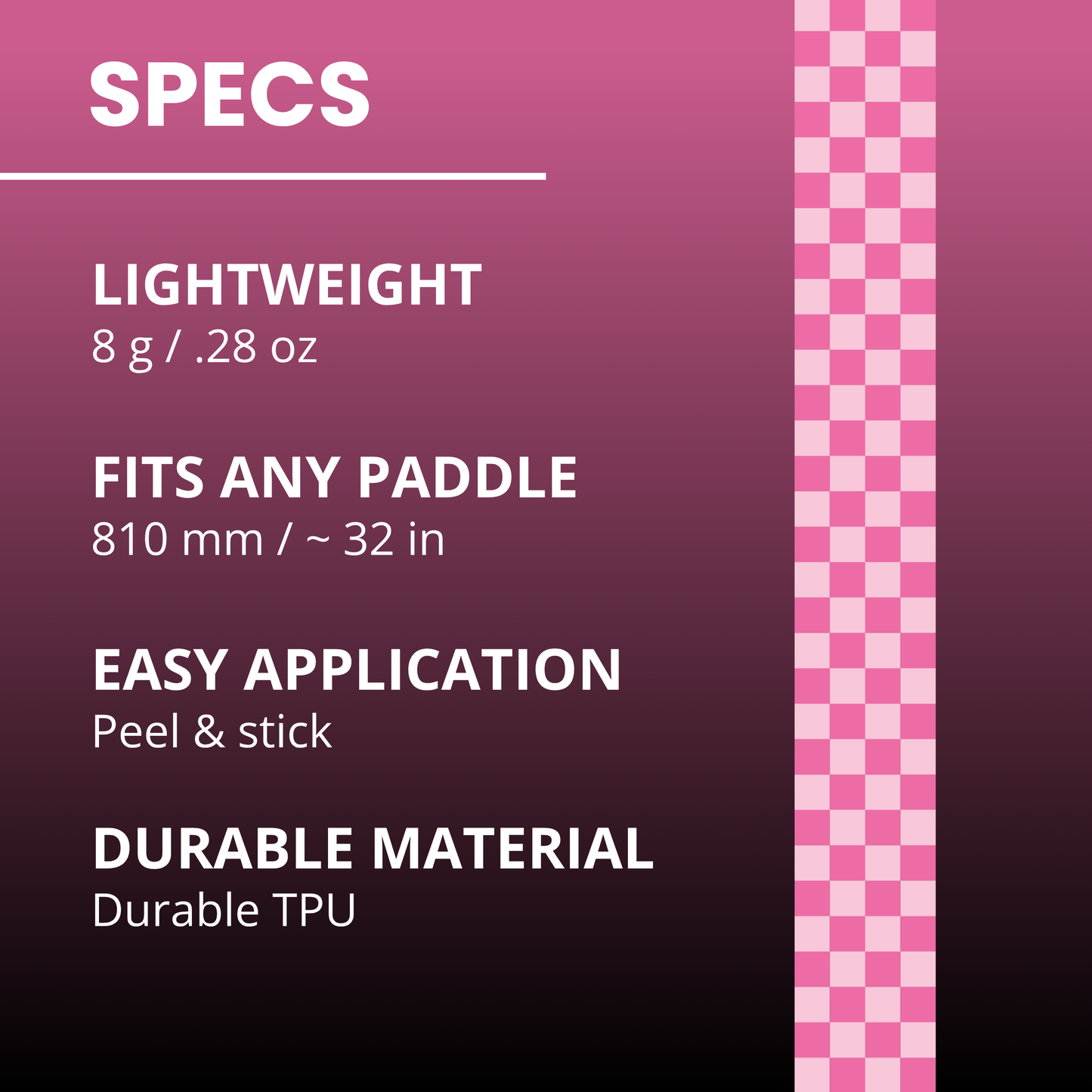 The image shows Edgy Pickleball's Pink Checkers Edge Tape (3 pack): lightweight (8g/.28oz), fits any pickleball paddle (810mm/~32in), easy peel & stick, and made of durable TPU. A pink checkered strip runs vertically on the right.