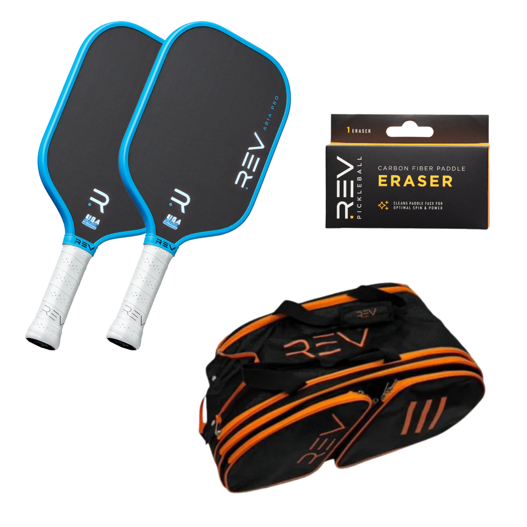 The REV Pickleball Professional - Mix & Match - Bundle for 2 includes two blue-edged paddles with white grips, a Carbon Fiber Paddle Eraser box, and a black duffel bag with orange trim, shown on a white background.