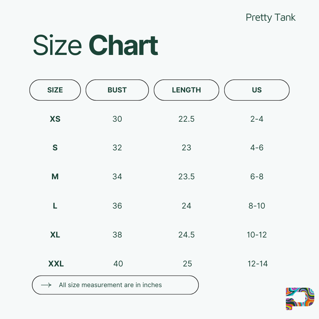 A size chart for the Pretty Tank from Playly Store shows XS–XXL (bust 30–40", length 22.5–25", US sizes). Ideal pickleball tank—measurements in inches. Logo at bottom right.