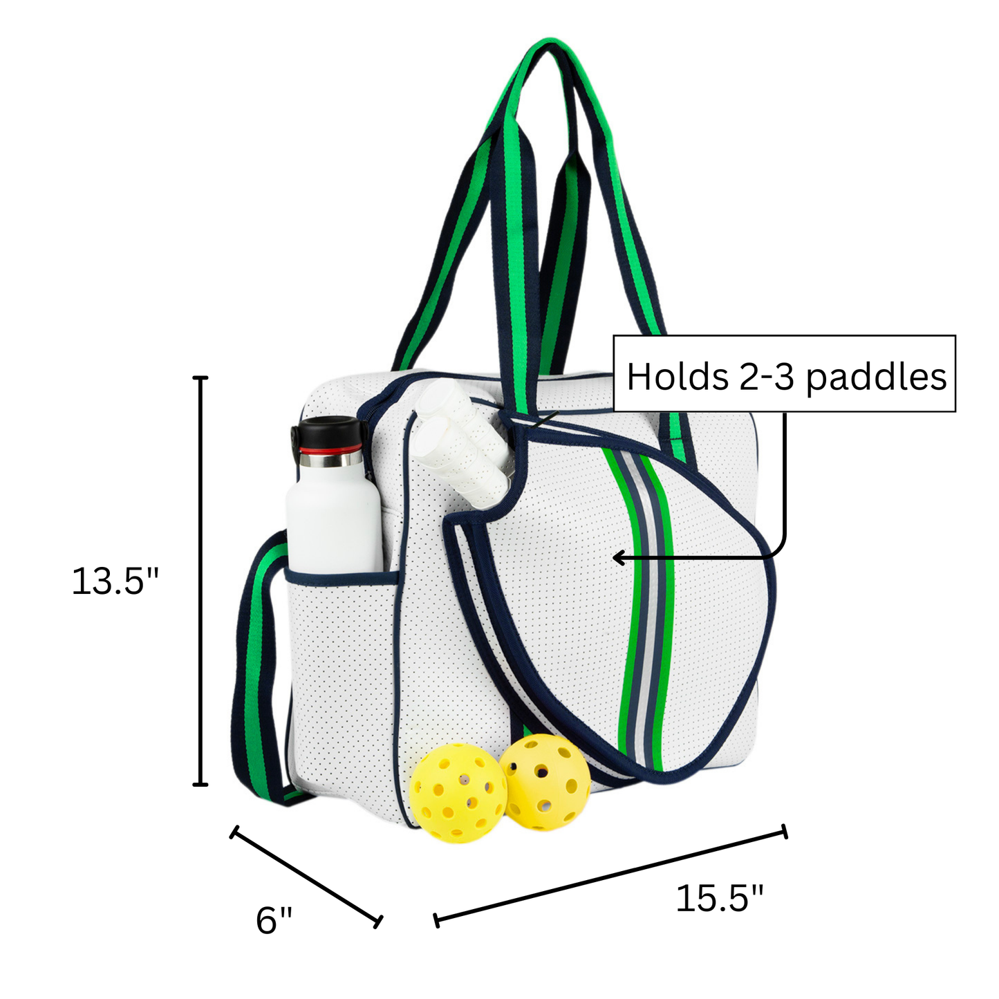 The Queen of the Court Brooklyn Pickleball Bag in white features green and blue striped straps, holds a water bottle, two balls, 2-3 paddles, and measures 13.5" x 15.5" x 6"—an ideal neoprene bag for your next match.