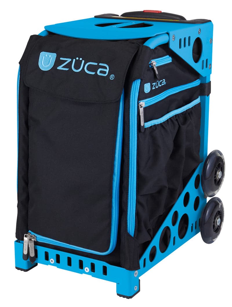 The ZUCA Pickleball Sport Black/Blue bag has a sturdy, lightweight frame with two large wheels, multiple zippered compartments, mesh pockets, and spacious storage for all your pickleball gear.