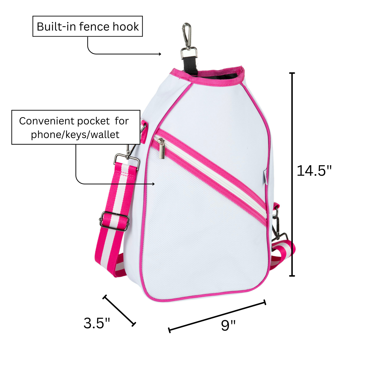 The Queen of the Court Essentials Pickleball Bag is a white and pink crossbody with adjustable strap, metal fence hook, and diagonal zippered pocket for phone/keys/wallet. Size: 14.5"H x 9"W x 3.5"D—perfect for pickleball gear.