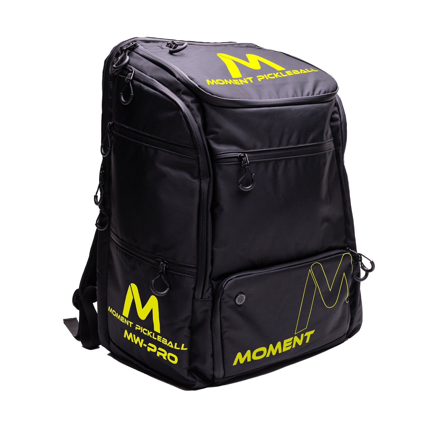 The Moment Pickleball MW-PRO Bag in black/yellow features multiple zippered compartments and bold logos on the front and side. Its smooth, durable material is ideal for carrying all your pickleball gear.