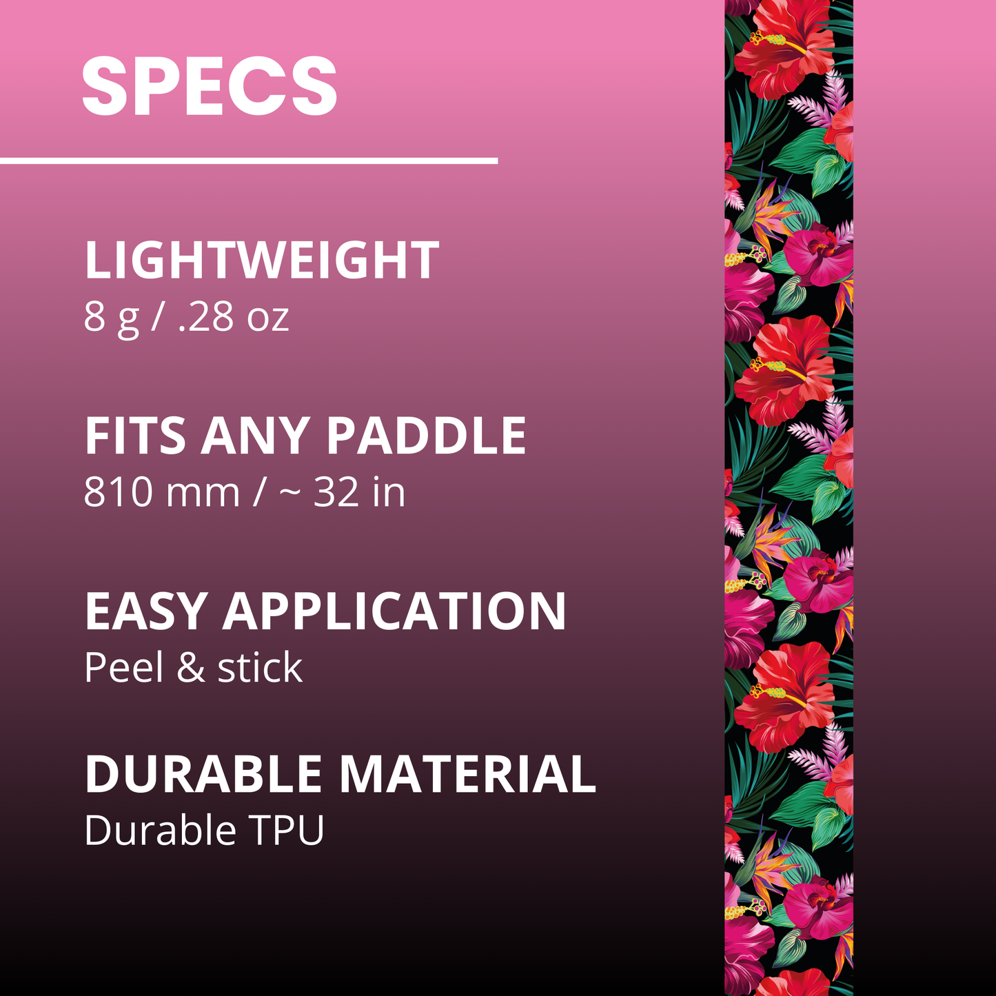 The Edgy Pickleball Realistic Floral Edge Tape (3 pack) features a pink-purple gradient, floral design, is lightweight (8g), fits any 810mm paddle, made of durable TPU, and has easy peel & stick application.