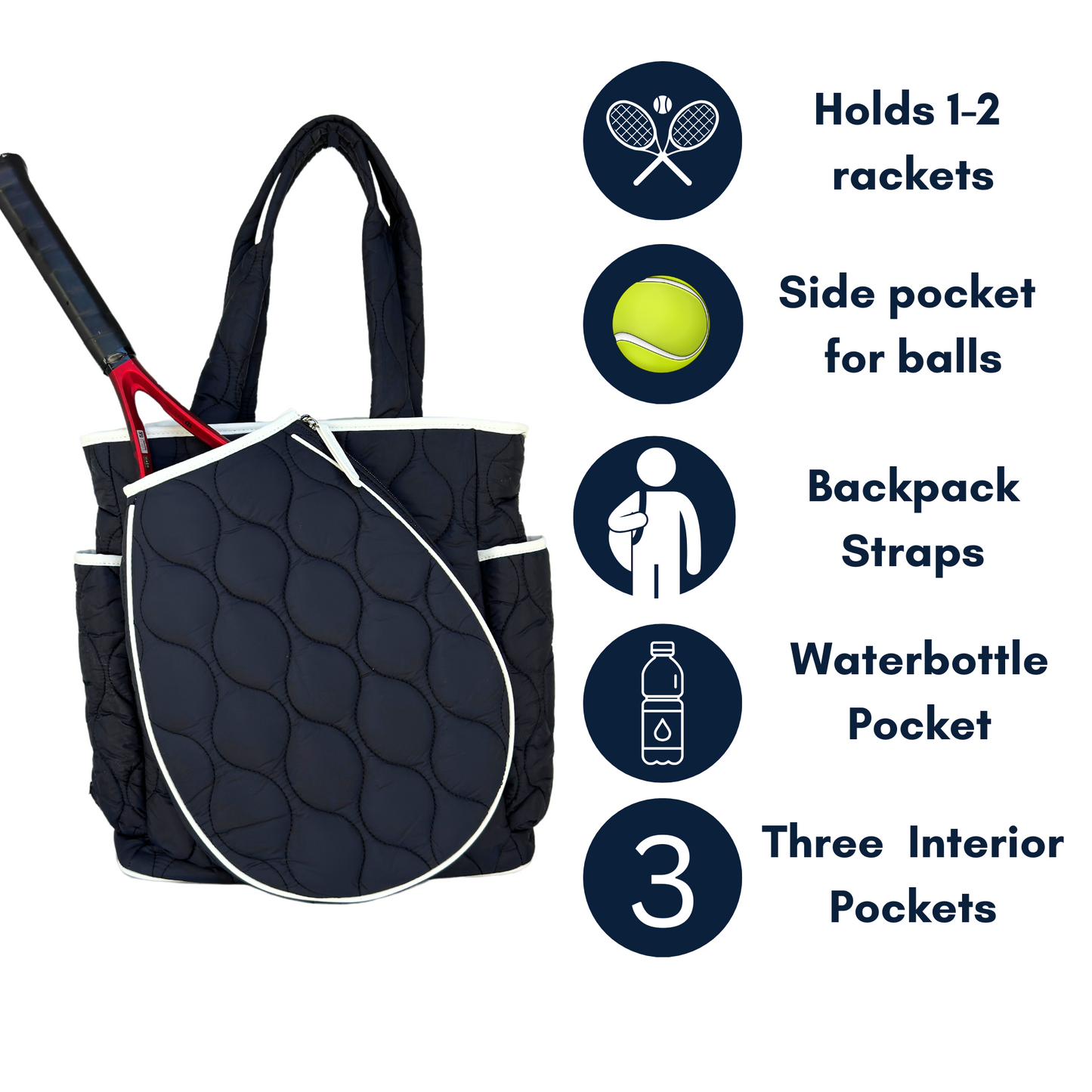 The Queen of the Court Park Ave Tennis Convertible Bag/Backpack for women holds 1-2 rackets, has a side ball pocket, backpack straps, water bottle pocket, and three interior pockets—combining style and function on the court.