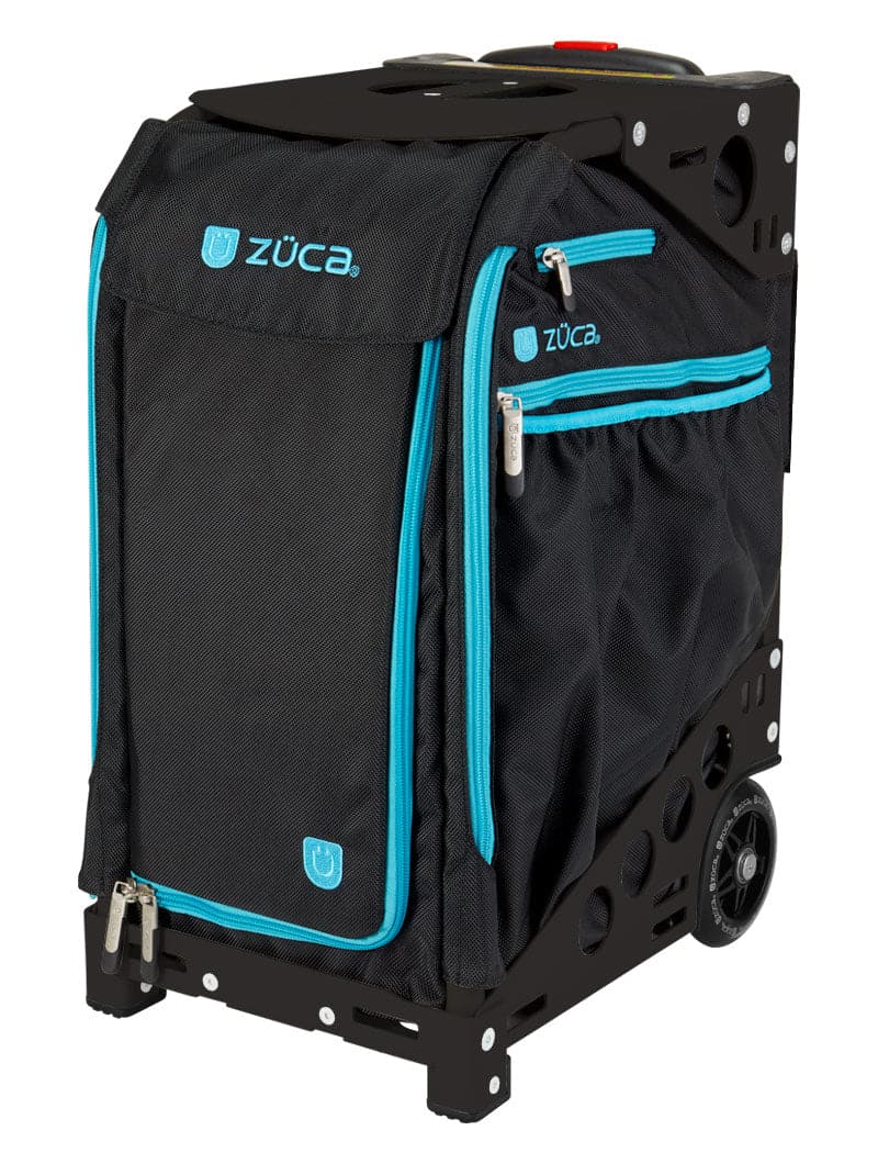 The ZUCA Pickleball Pro Black/Blue bag has bright blue zippers, a lightweight metal frame, two wheels, and a large front pocket with the ZUCA logo—ideal for keeping your pickleball gear organized.