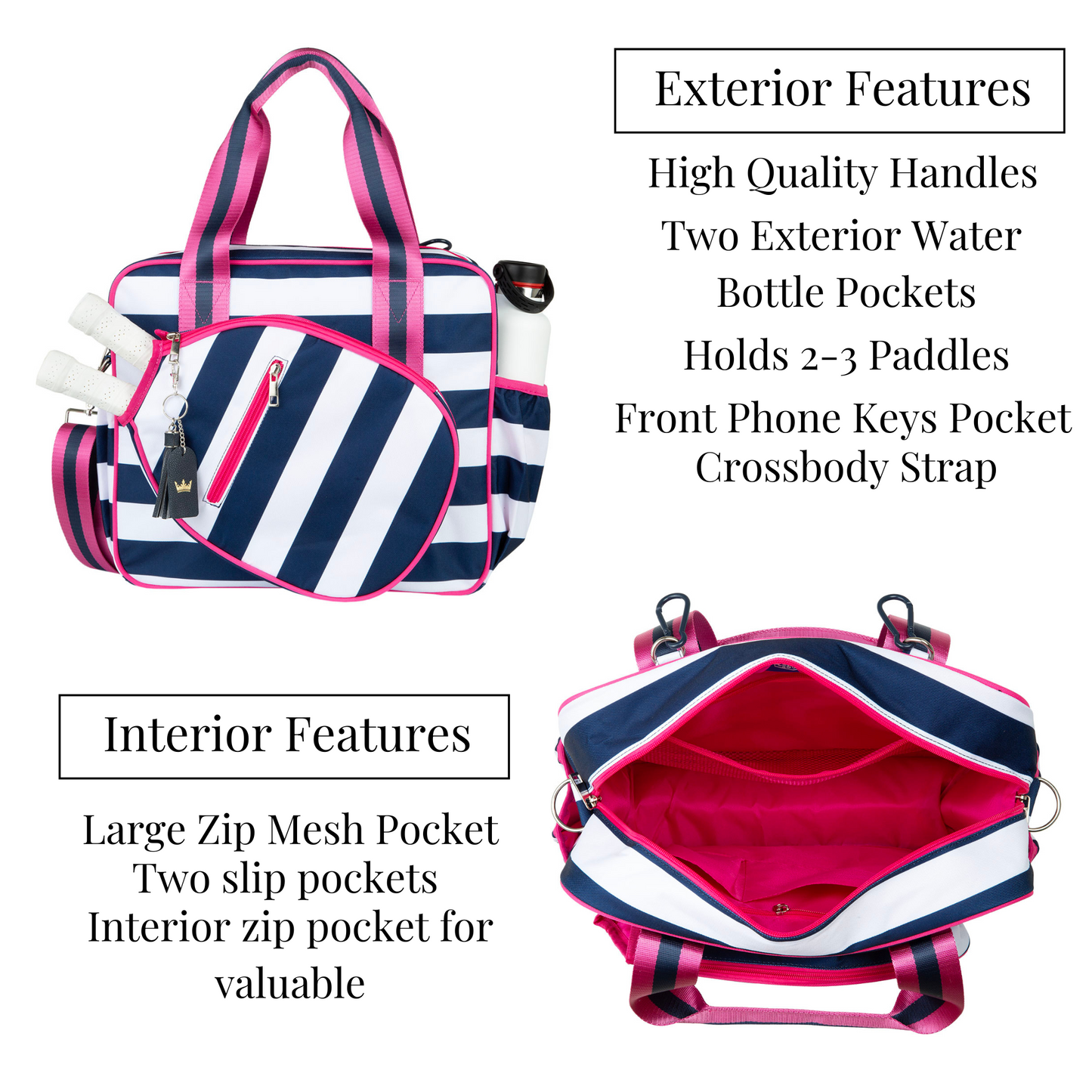 The Queen of the Court Prepster Pickleball Bag features navy and white stripes with pink accents, two handles, bottle pockets, a front zipper pocket, space for 2–3 paddles, and pink-lined mesh and slip pockets for accessories.