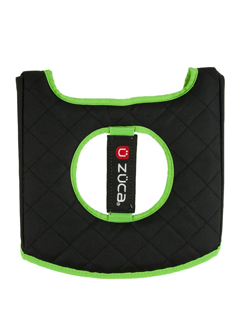The ZUCA Reversible Seat Cushion is a black, quilted, rectangular accessory with green trim and a central hole. It features a strap with the ZUCA logo in white and red, offering padded, structured protection for your seat.