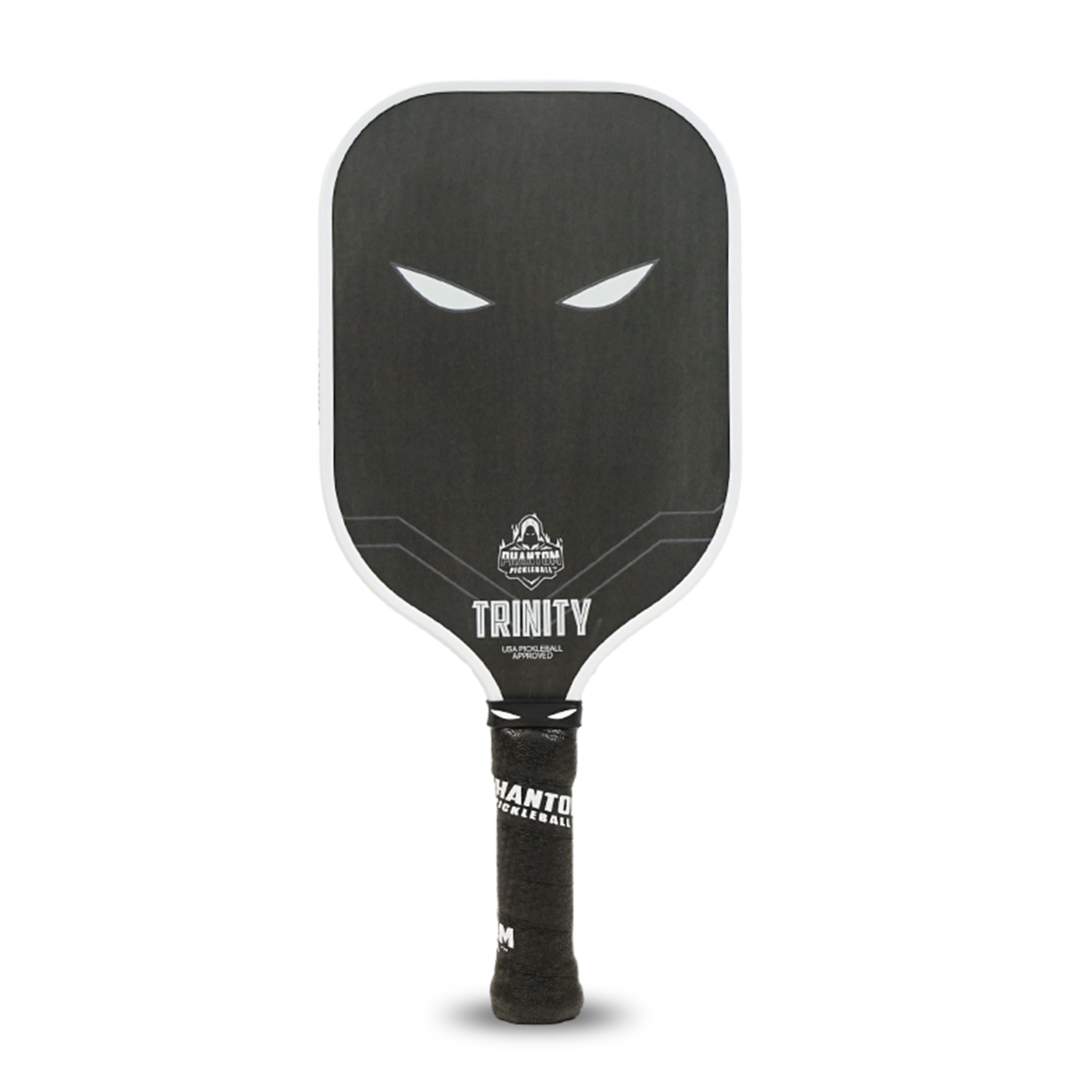 The Phantom Pickleball TRINITY 14MM T700 Raw Carbon Fiber Pro Paddle features a dark surface with two white eye designs, TRINITY and PHANTOM logos, and a black grip tape-wrapped handle.