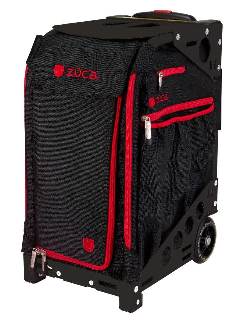 The ZUCA Pickleball Pro Black/Red rolling bag has a sturdy metal frame, large wheels, zippered front and side pockets, padded top handle, red accents, and displays the ZUCA logo on the front flap and pocket.