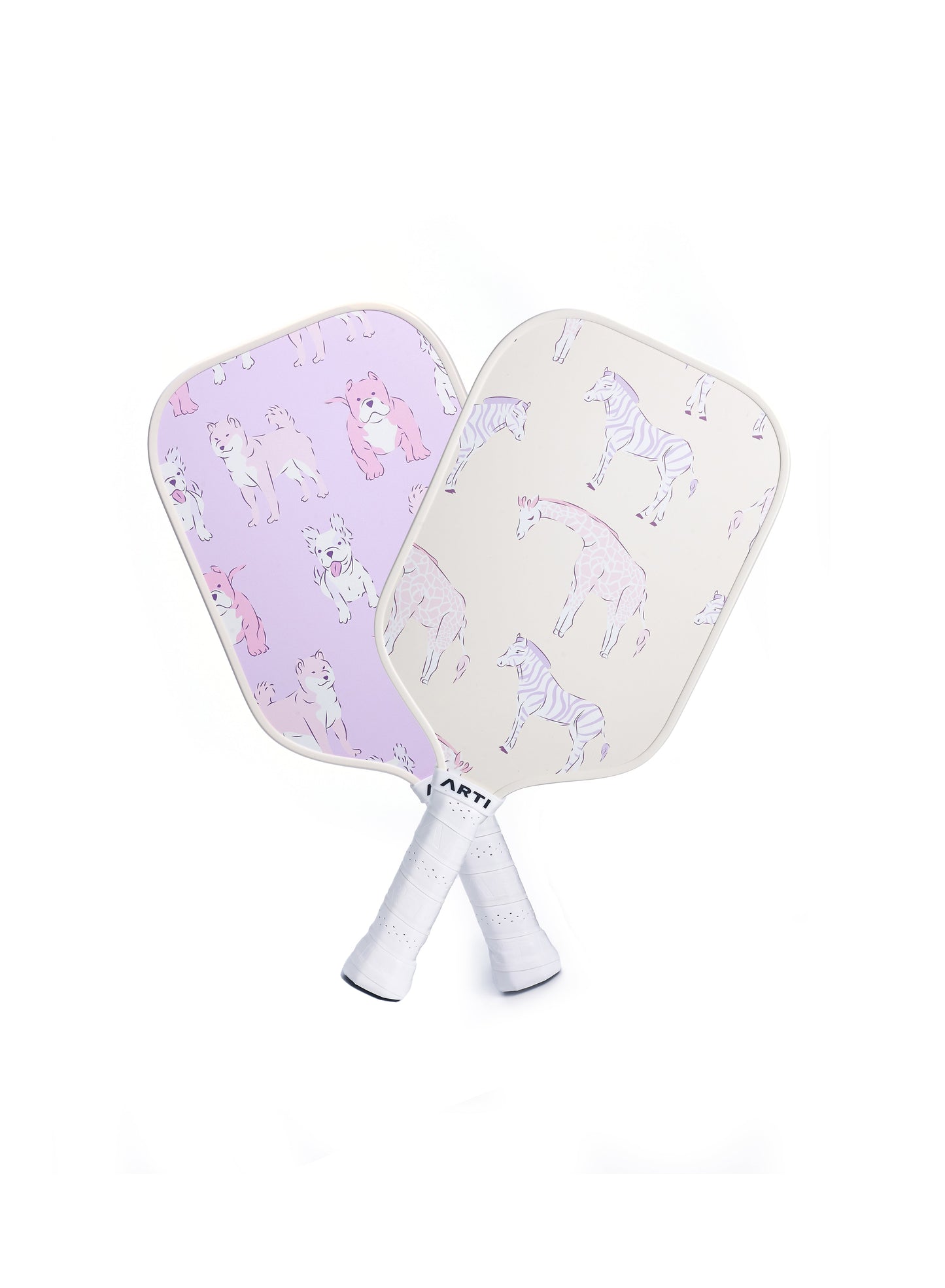 The ARTI Fiberglass "Dogs & Giraffes" Pickleball Paddle Set features playful animal designs and comfortable white grips on both paddles. USAPA approved, this set is perfect for stylish, fun games.