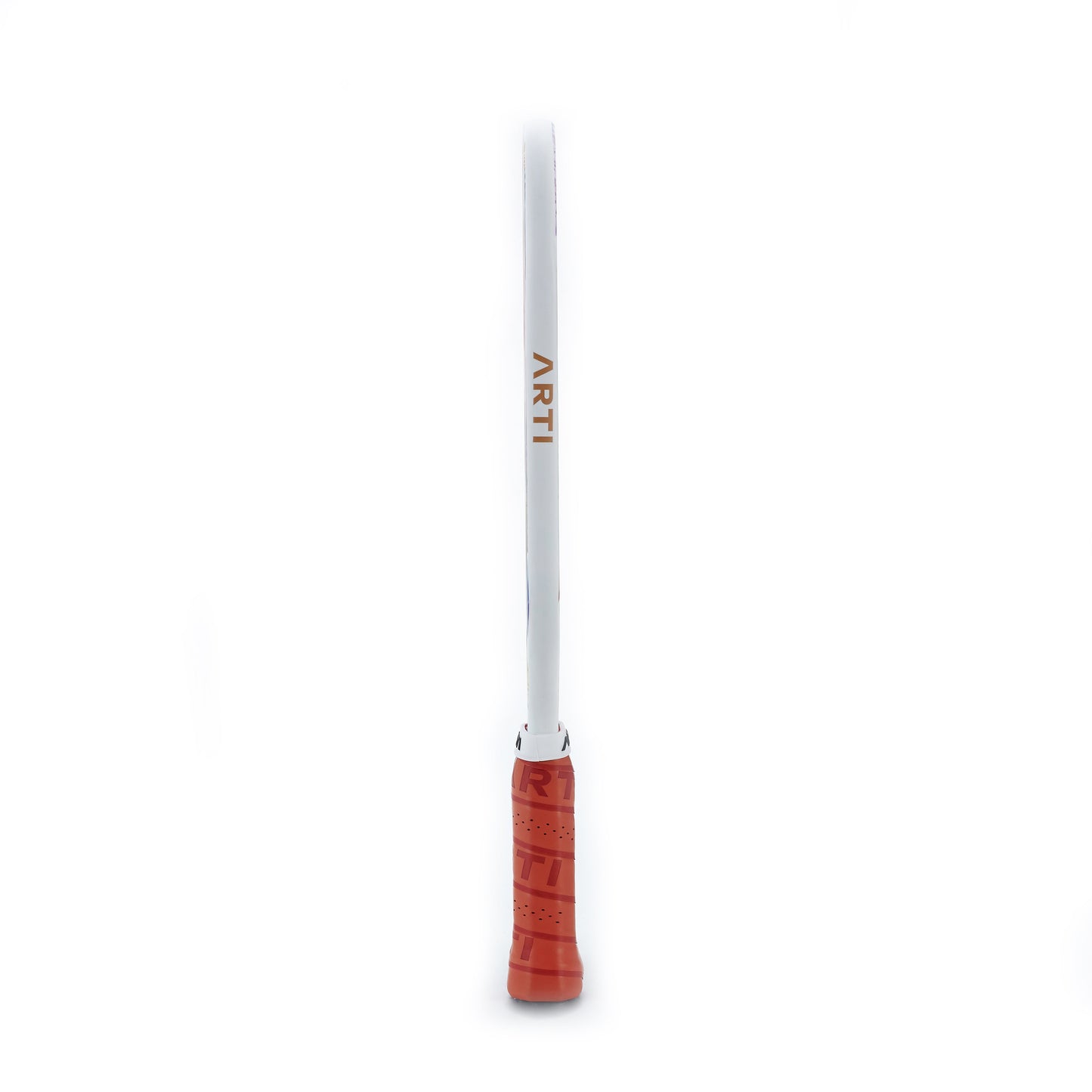 The ARTI Carbon Fiber EXOTIC TRIPIMAL "Animal" Paddle features a white handle with ARTI in gold, a bright orange textured grip, and is USAPA approved. Displayed upright and centered on a plain white background.