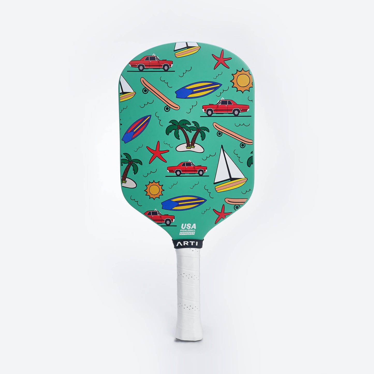 The ARTI Carbon Fiber "CALIFORNIA" Paddle features a white handle and turquoise face with red cars, sailboats, palm trees, surfboards, suns, and starfish on a light gray background—a USAPA approved paddle for playful beach vibes.