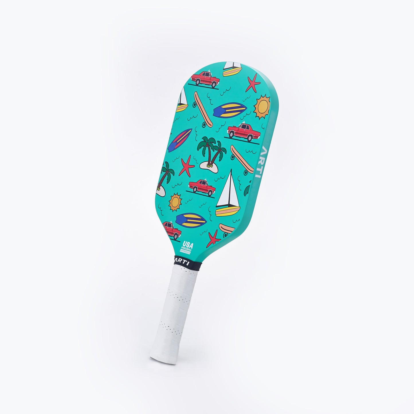 The ARTI Carbon Fiber "CALIFORNIA" Paddle features a turquoise face with vibrant California-themed illustrations and a white handle with a black neck labeled ARTI. This USAPA-approved pickleball paddle stands out against a white background.