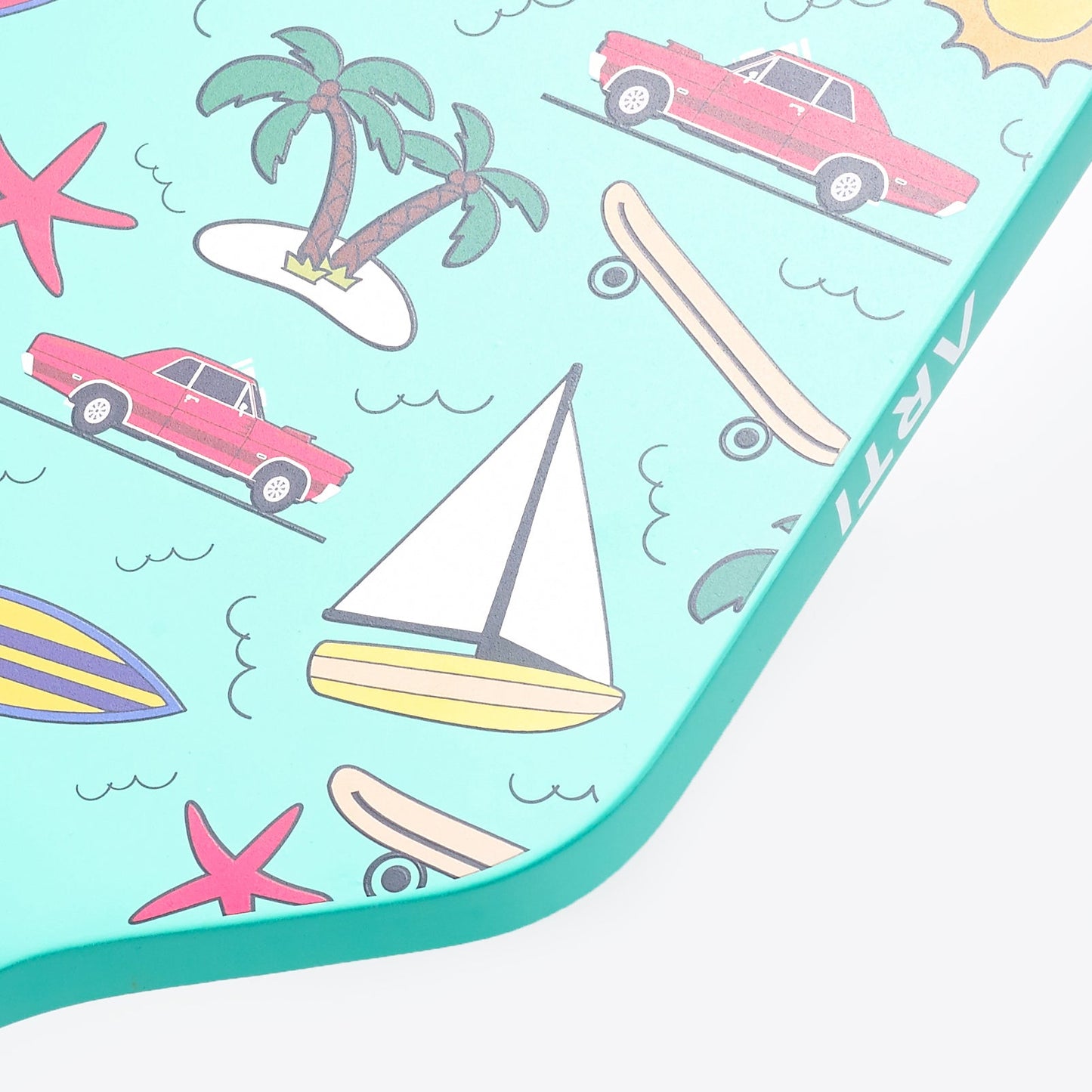 The ARTI Carbon Fiber "CALIFORNIA" paddle features playful California icons on turquoise and part of the ARTI logo in white. USAPA approved, this stand-out paddle adds style and performance both on and off the court.