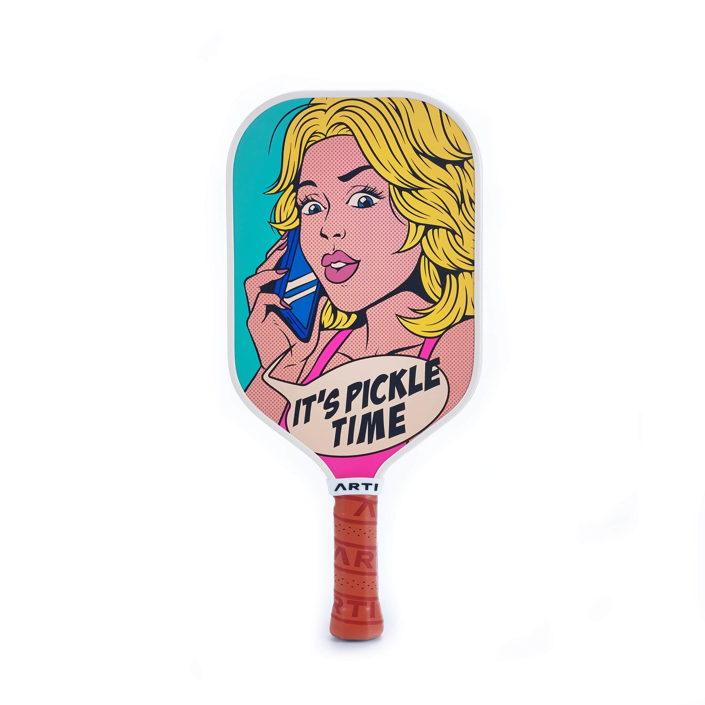 The ARTI Carbon Fiber Kristen & Kristy "IT'S PICKLE TIME" Paddle by ARTI features a USAPA approved design with bold teal and pink pop art of a surprised blonde woman holding a phone, vibrant "IT'S PICKLE TIME" text, and an orange textured grip.