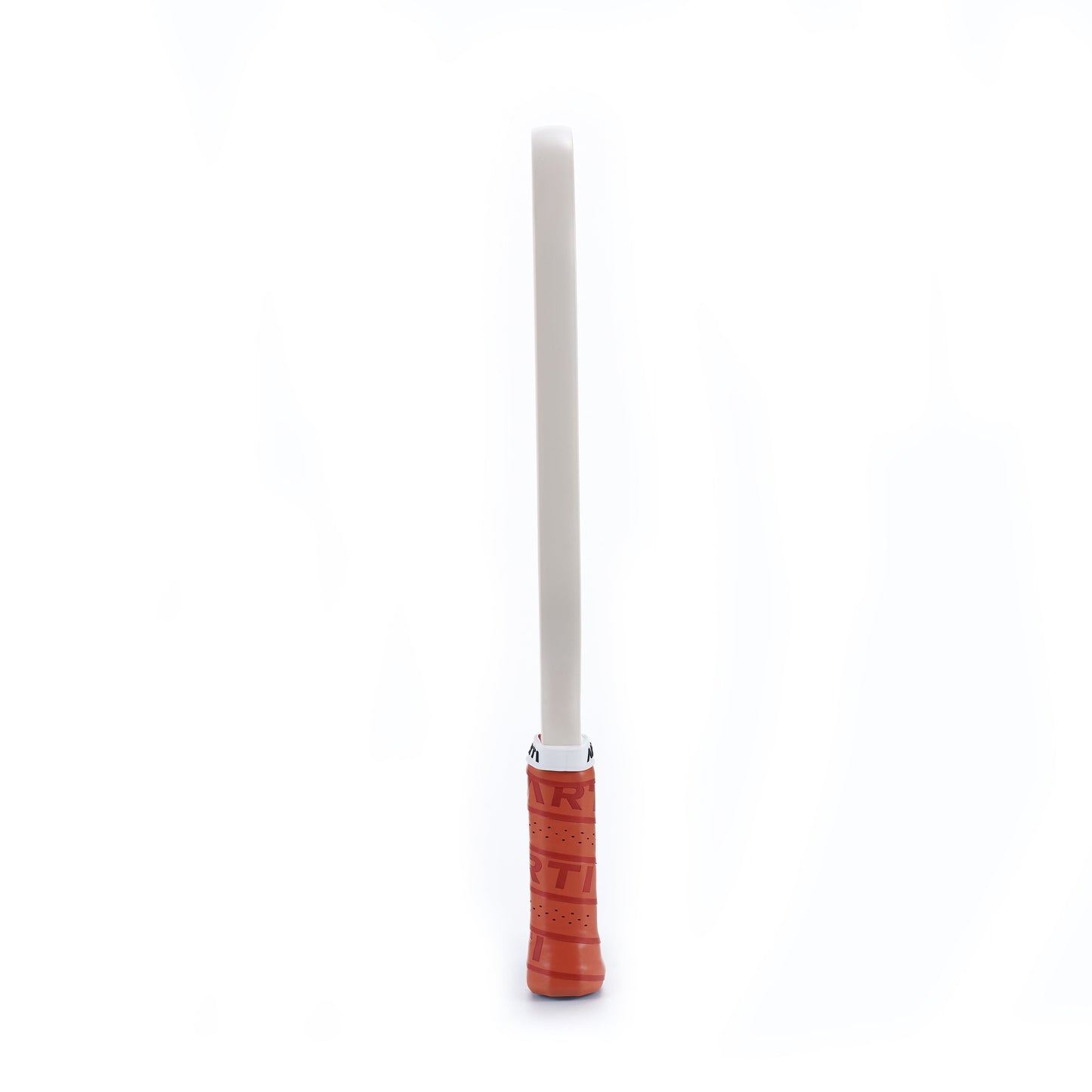 An upright white cylinder with a thick shaft stands on a red textured base resembling the ARTI Carbon Fiber Kristen & Kristy "IT'S PICKLE TIME" Paddle grip by ARTI, set against a plain white background. The base's pattern hints at sports equipment like pickleball paddles.