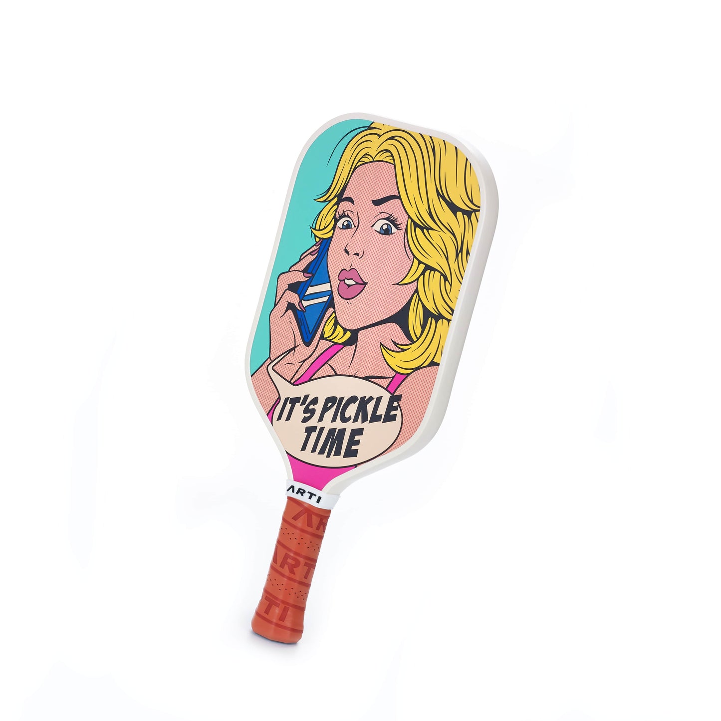 The ARTI Carbon Fiber Kristen & Kristy "IT'S PICKLE TIME" Paddle features a surprised blonde pop art woman on the phone, bold lettering, a blue background, white frame, brown grip handle, and carbon fiber face. USAPA approved.