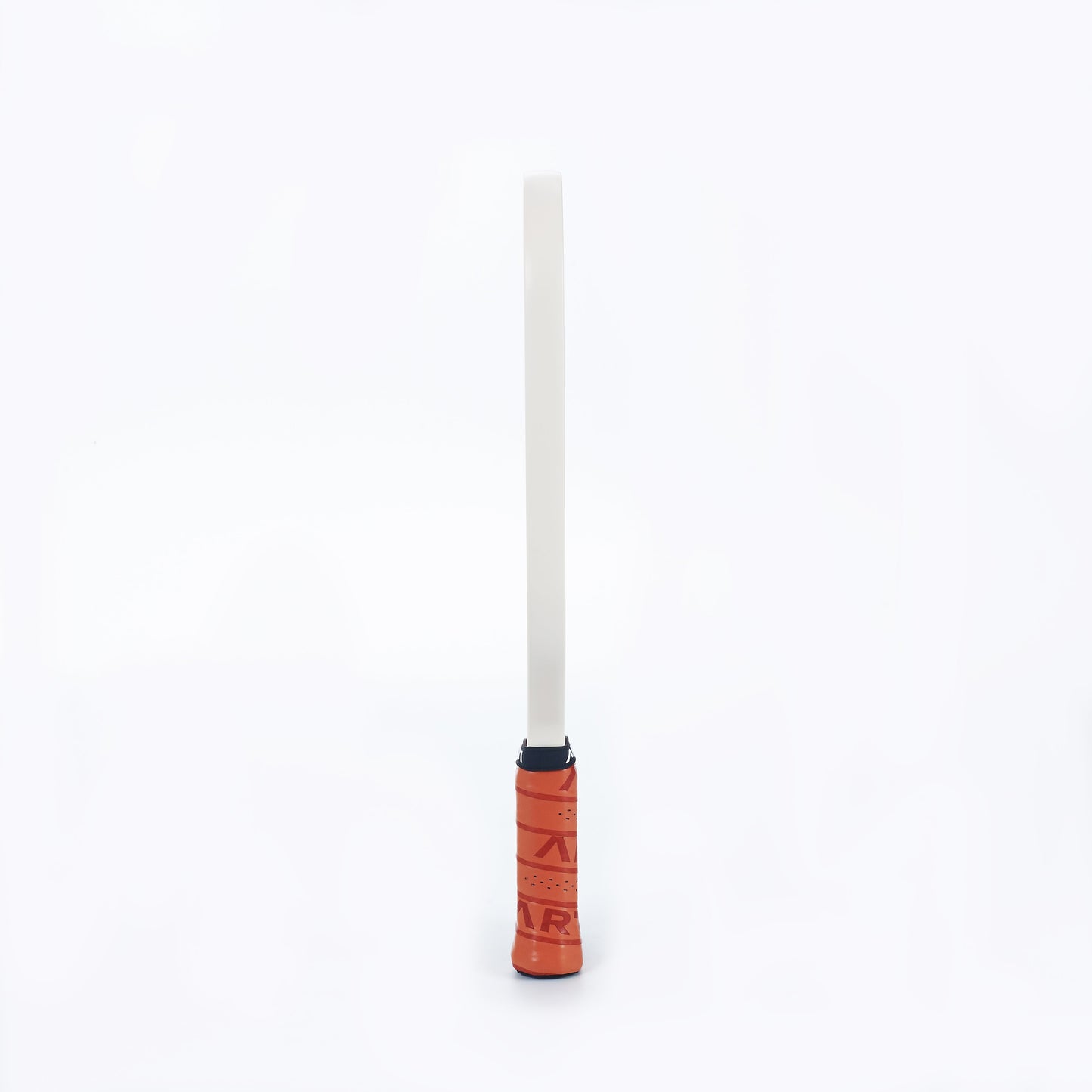 An ARTI Carbon Fiber Kristen&Kristy "Happy Holidays" Paddle stands upright on a white background. Its handle features an orange textured grip with red details, and the minimalistic image has plenty of empty space around the paddle.
