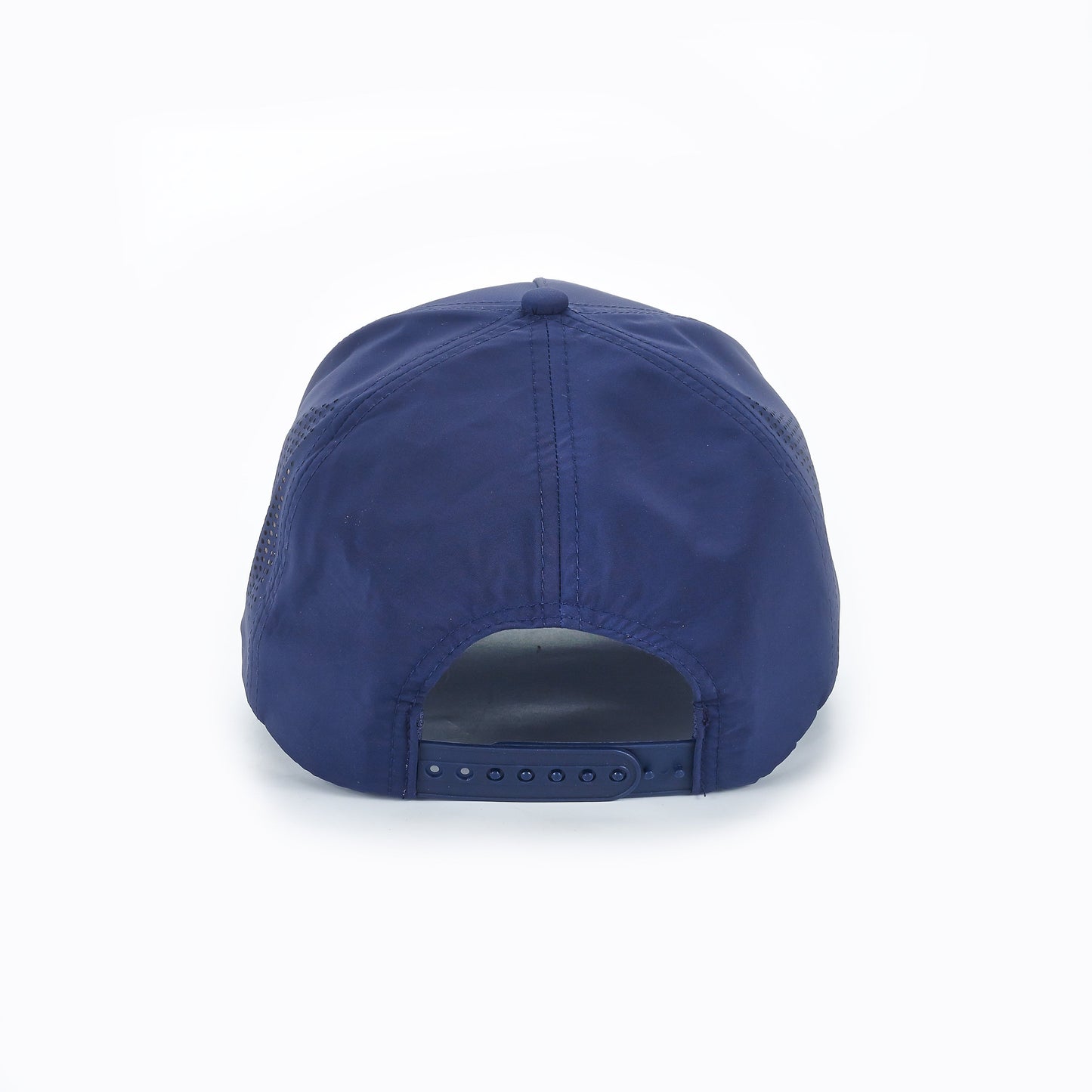 The ARTI Navy Performance Rope Mesh Classic Hat is shown from the back, highlighting its adjustable snap-closure strap and visible stitching on smooth, slightly shiny fabric, all set against a plain white background.