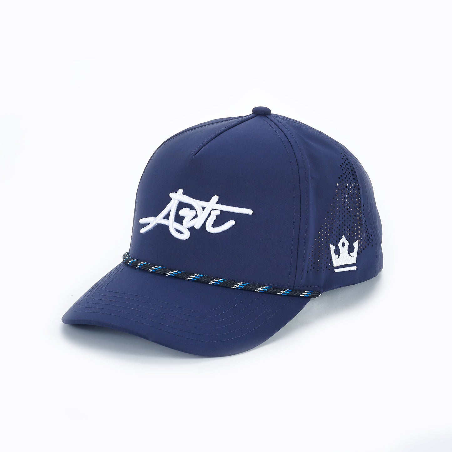The ARTI Navy Performance Rope Mesh Classic Hat features white "Artc" script on the front, a white crown logo on the side, blue-and-black rope above the brim, mesh back panels, and is displayed on a plain white background. Brand: ARTI.