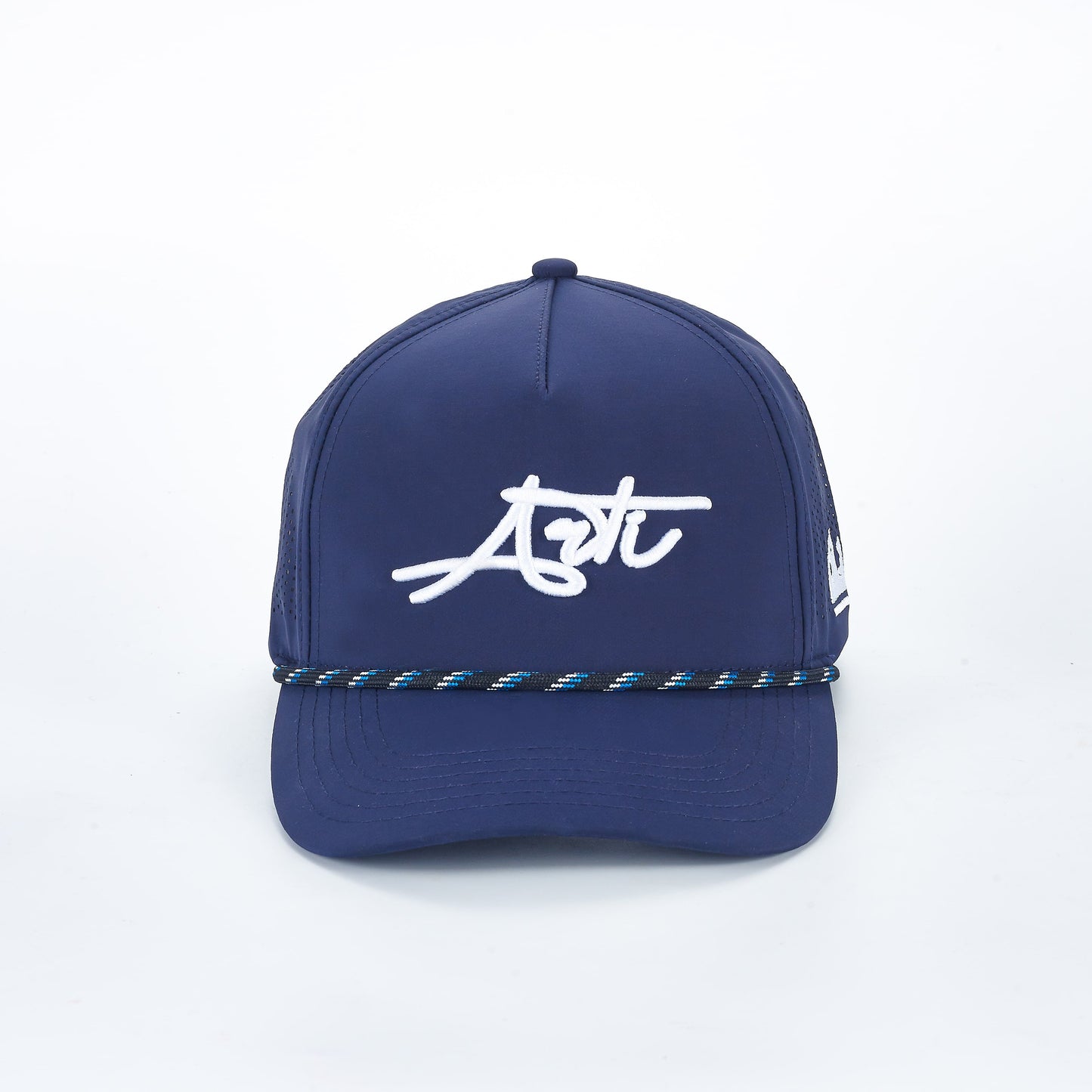 The ARTI Navy Performance Rope Mesh Classic Hat features white mesh sides and "Art" in large white script on the front, with a blue and black braided rope above the bill. The background is plain white.