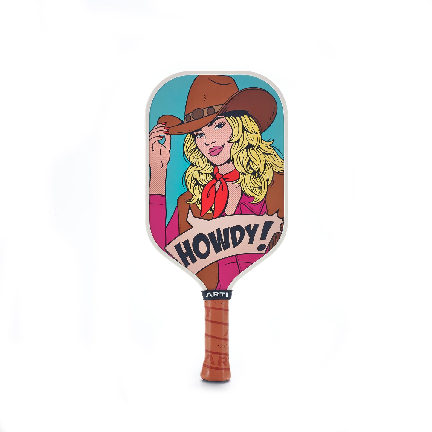 The ARTI Carbon Fiber Kristen & Kristy "HOWDY" Paddle by ARTI features a cartoon blonde woman in a cowboy hat and red scarf on turquoise, “HOWDY!” below—USAPA-approved for fun Western flair every match.