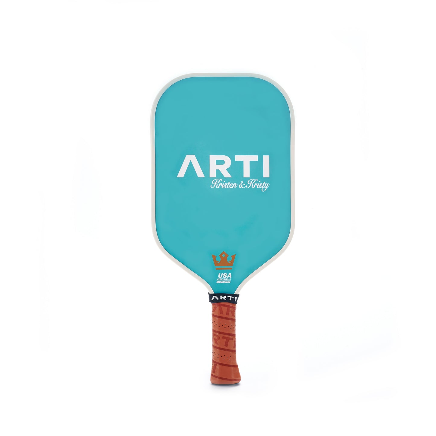 The ARTI Carbon Fiber Kristen & Kristy "HOWDY" Paddle features a turquoise carbon fiber face with white edges, “ARTI” and “Kristen & Kirby” in white, a brown grip, small crown, USAPA logo, and is centered on a plain white background.