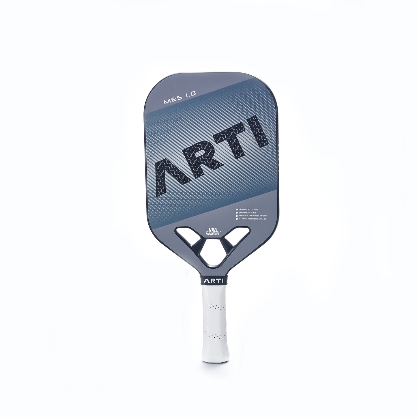 The ARTI Carbon Fiber "MASTERY ELITE 1.0" paddle by ARTI features a blue and gray geometric design, white perforated grip, black triangular throat, and "Mes 1.0" label near the top, shown against a plain white background.