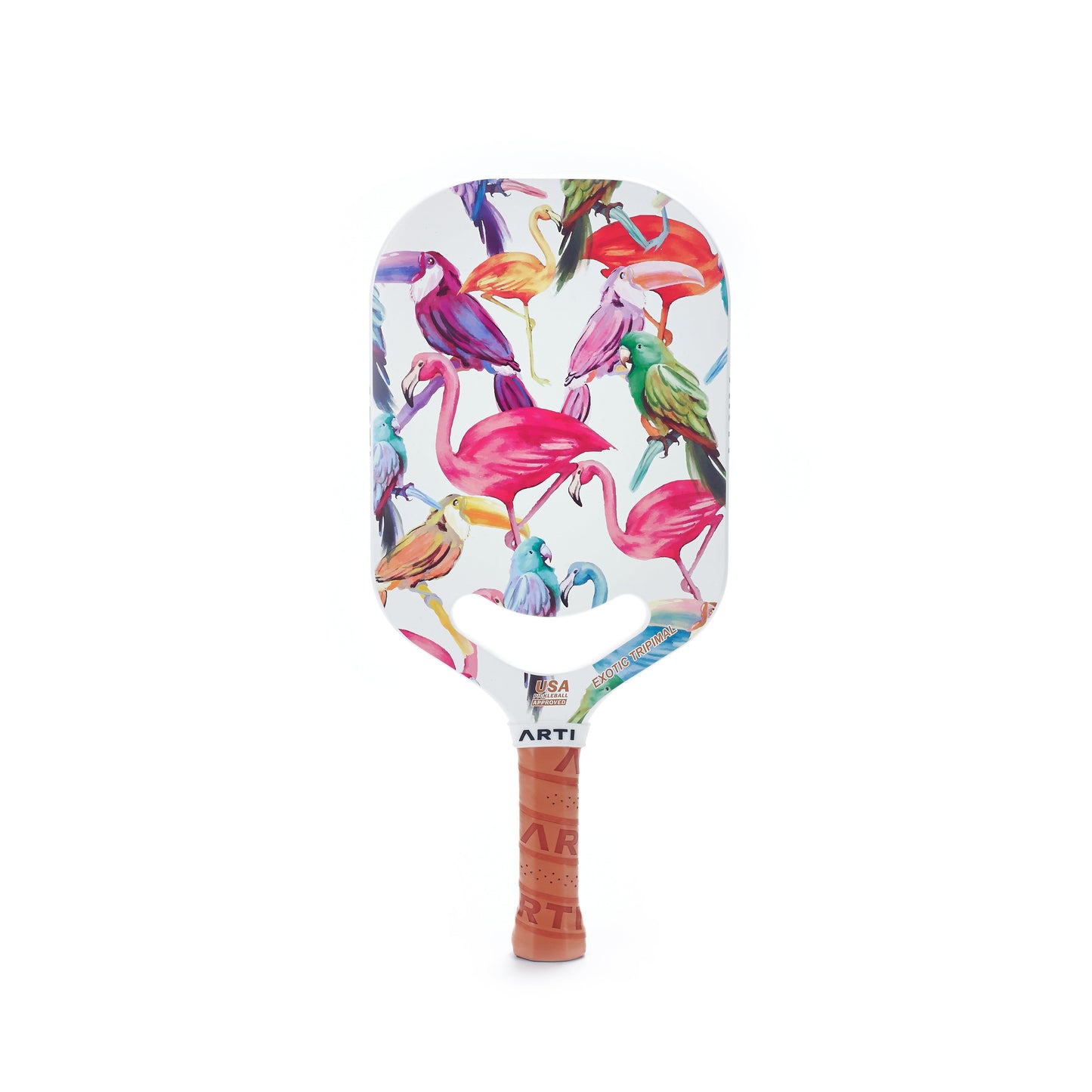 The ARTI Carbon Fiber EXOTIC TRIPIMAL "Flamingo" Paddle is USAPA approved, featuring a brown grip and a white face with vibrant pink, purple, yellow, green, and blue bird illustrations covering the entire carbon fiber surface.