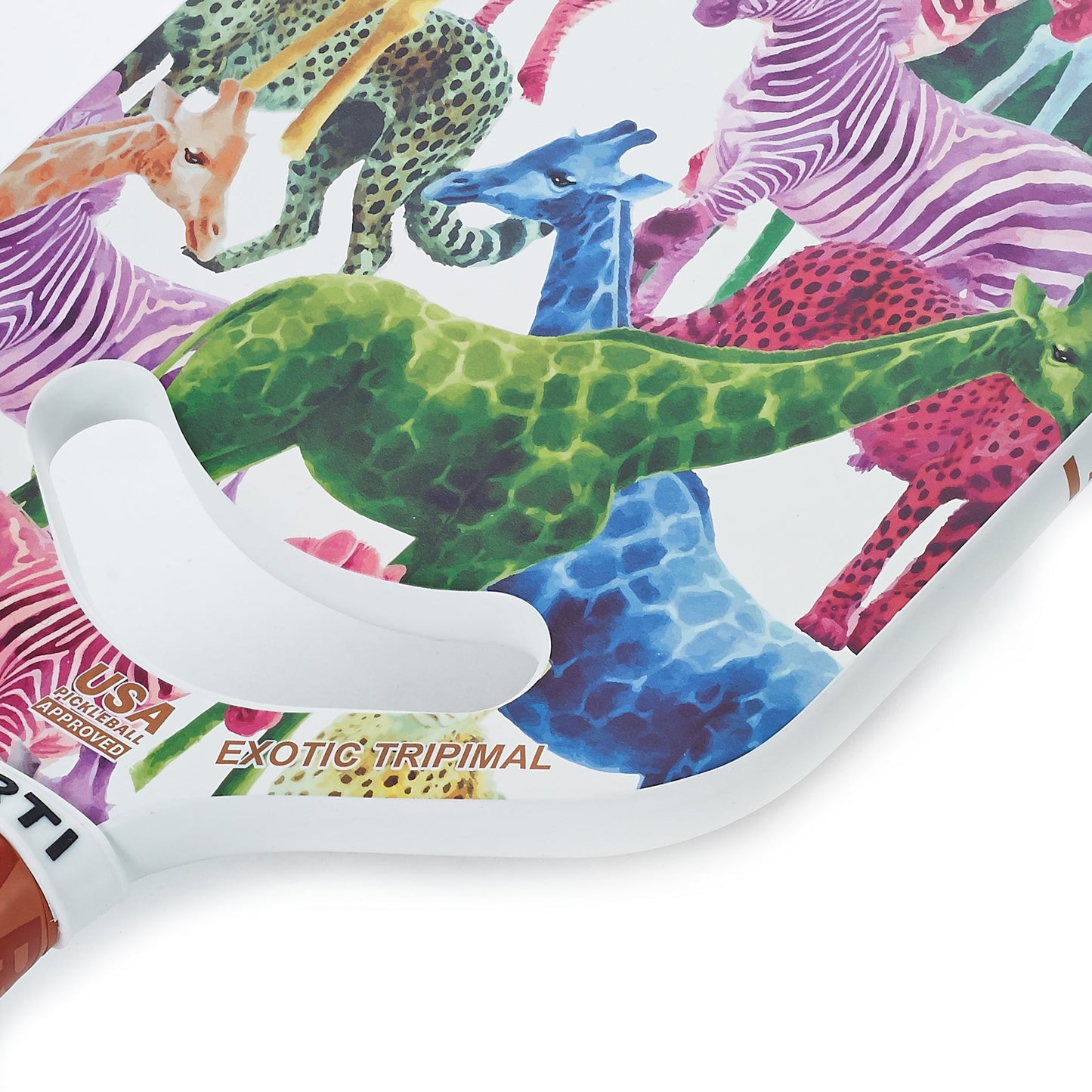 A close-up of the ARTI Carbon Fiber EXOTIC TRIPIMAL "Animal" Paddle shows colorful patterned giraffes on white, a brown-gripped handle, and gold “EXOTIC TRIPIMAL” text near the handle. Brand: ARTI.