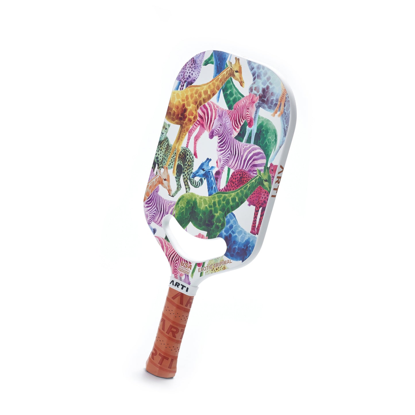 The ARTI Carbon Fiber EXOTIC TRIPIMAL "Animal" Paddle features a tan grip and a vivid animal print with pink, yellow, green, and blue zebras and giraffes on white. USAPA approved, it combines stylish design with top performance.