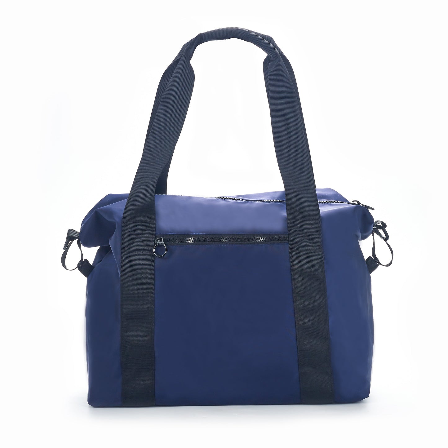 The ARTI Navy Duffle Bag by ARTI features black straps and trim, a front zipper pocket, silver zipper pulls, and attachment rings on both sides. The bag stands upright against a plain white background.