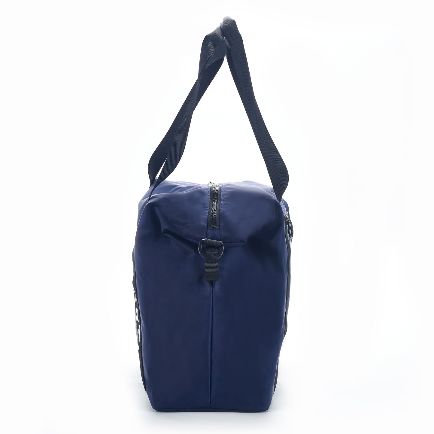 The ARTI Navy Duffle Bag by ARTI is shown upright from the side on a white background, featuring a polyester build, black zipper top, black straps, and a metal buckle detail that highlight its sleek design.