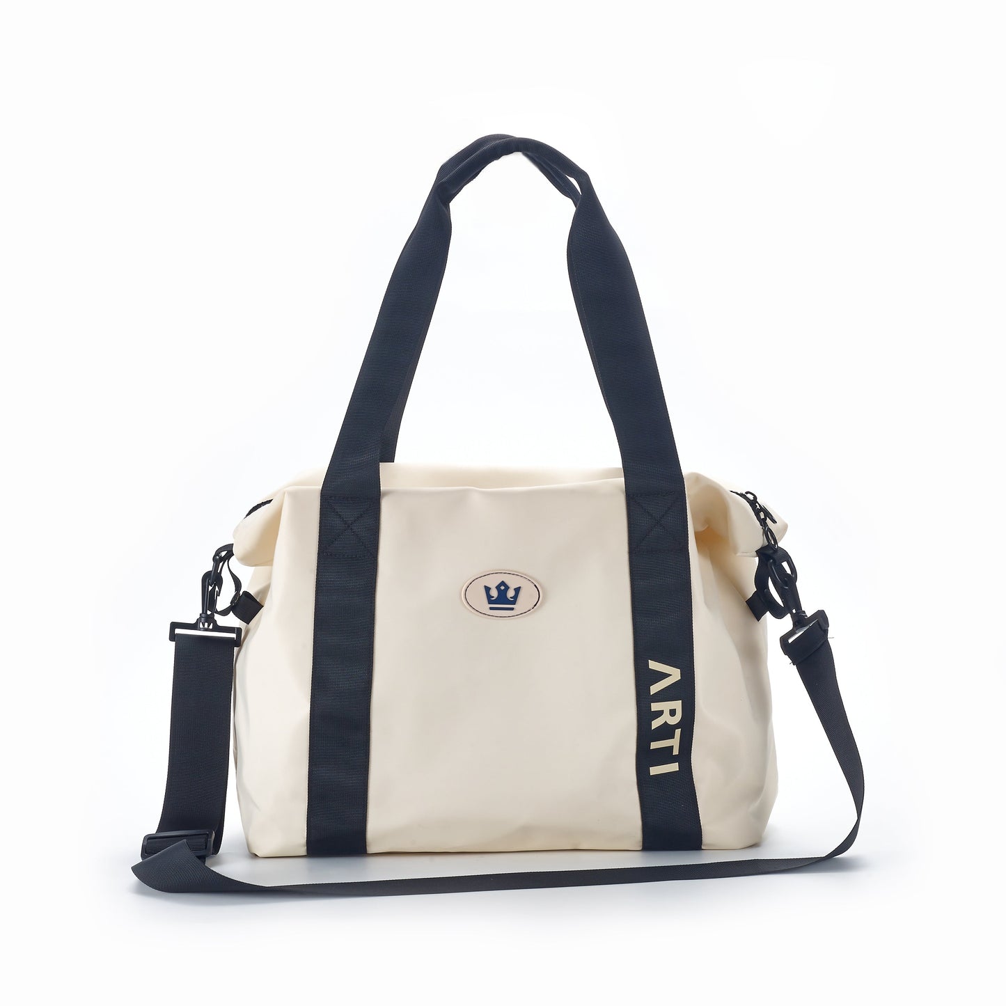 The ARTI Cream Duffle Bag by ARTI features black handles and straps, a small blue crown emblem, and "ARTI" printed vertically. With a detachable shoulder strap and minimalist polyester design, it's a stylish travel essential.