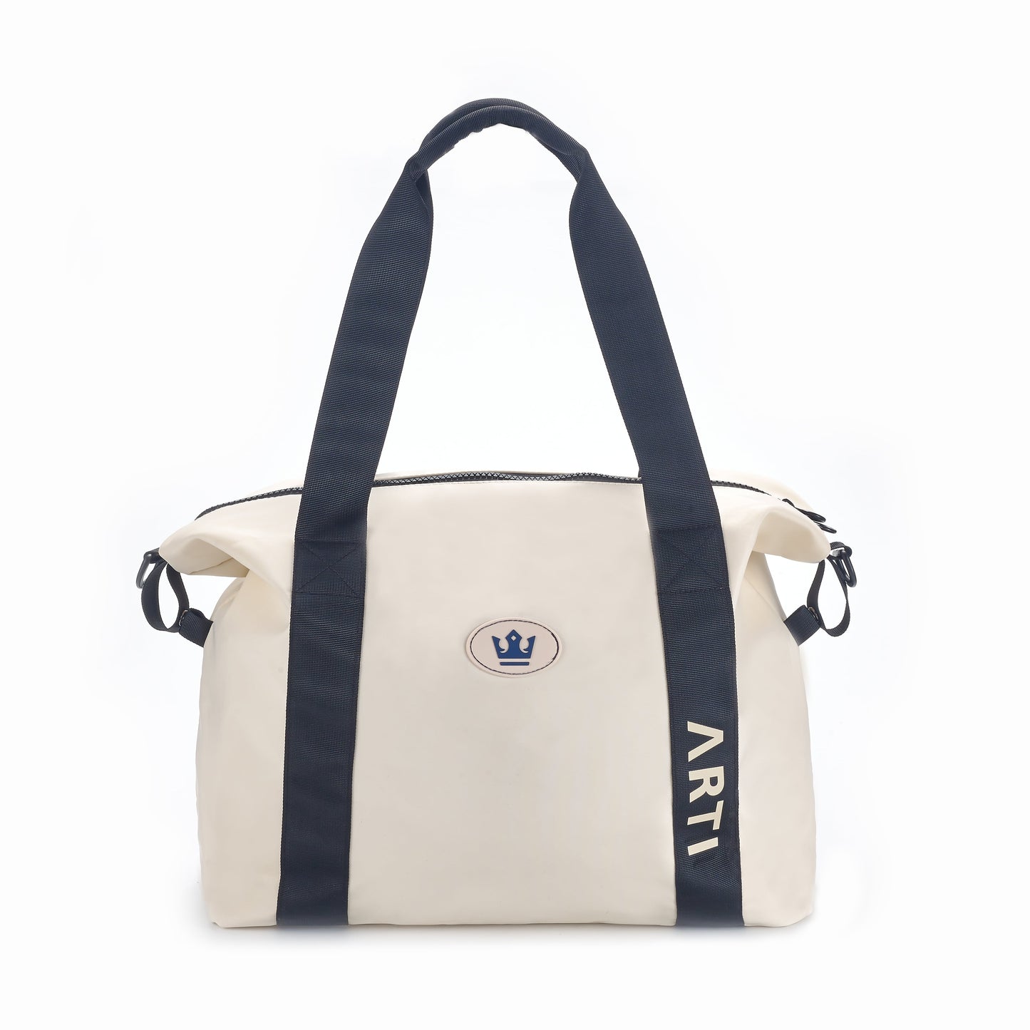 The ARTI Cream Duffle Bag by ARTI features wide black straps, a zippered top, blue crown logo, and vertical "ARTI" print. Made from durable polyester, it's a stylish travel bag. Shown on a plain white background.