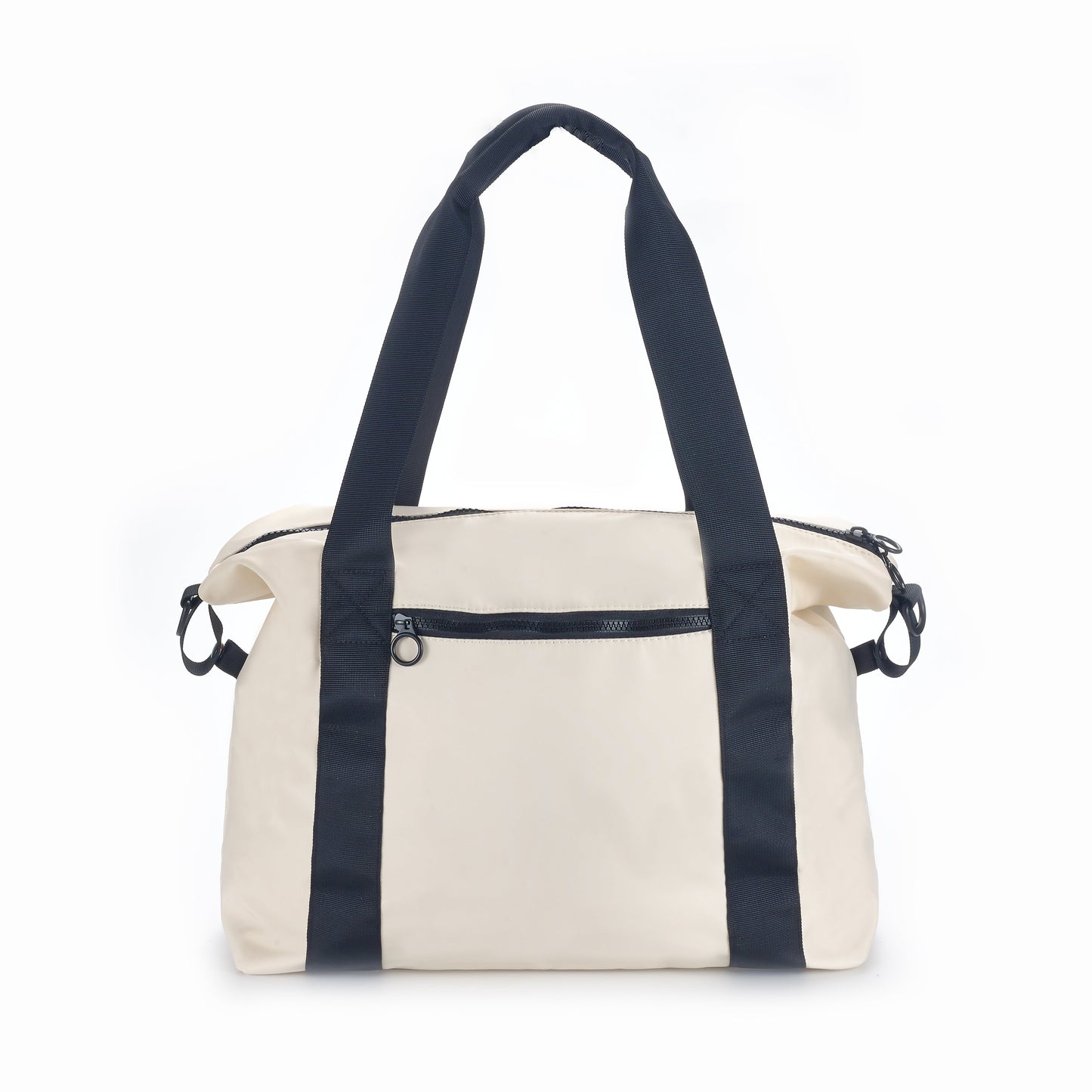 The ARTI Cream Duffle Bag features black double handles, black side accents, a front zip pocket, and silver zipper pulls. Made of polyester, this travel bag includes a detachable shoulder strap with metal ring attachments.